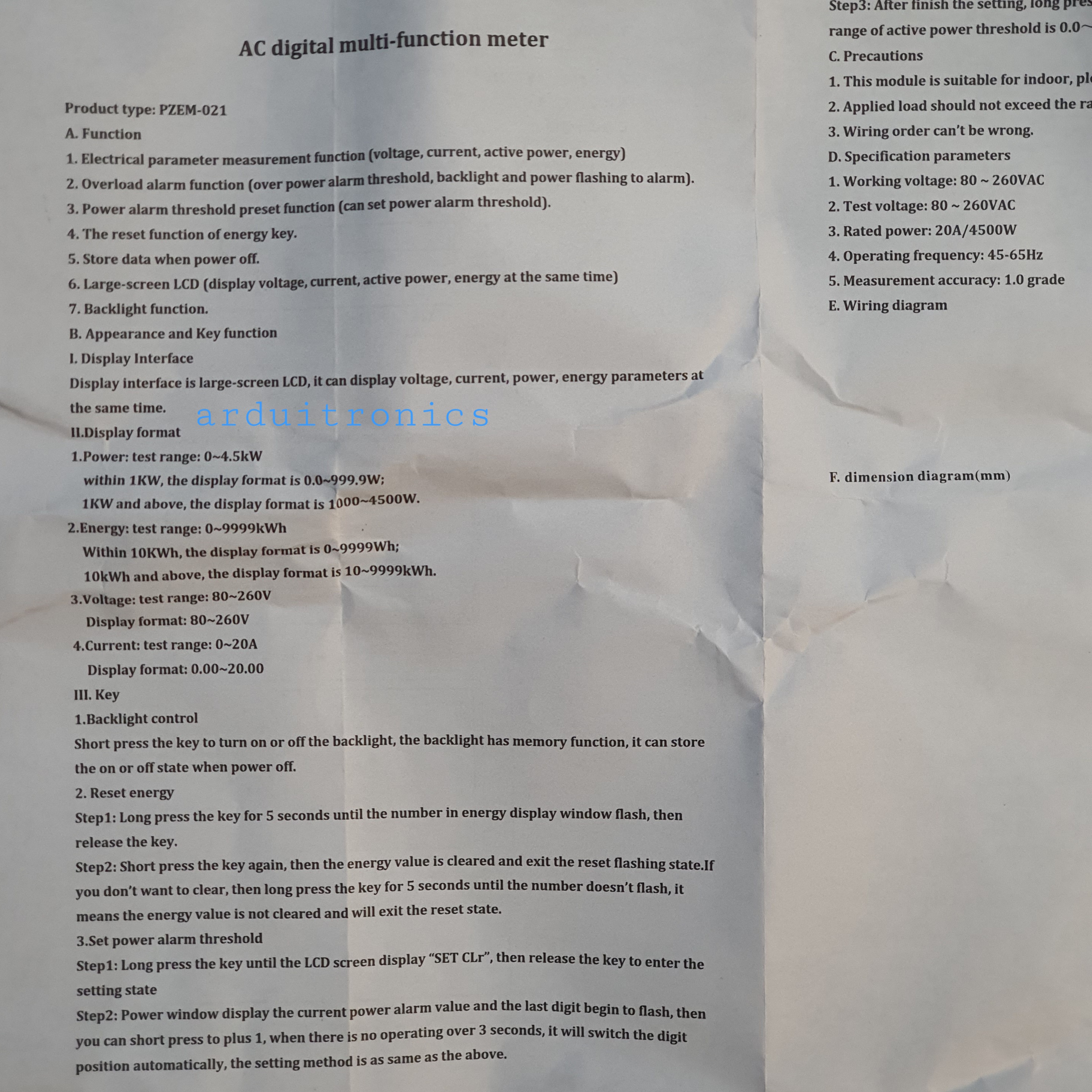 PZEM-021 20A AC Digital Power Meter มิเตอร์วัดการใช้พลังงาน