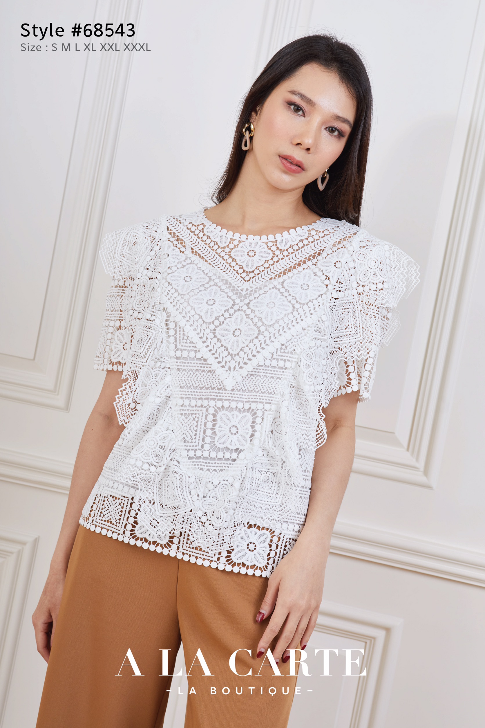 68543 เสื้อลูกไม้แขนสั้น เนื้อทอใหม่ ใส่สบาย คอทรงปาด ต่อผ้าเป็นทรงวีที่ลำตัว ลายลูกไม้ทอกราฟฟิคผสมลายดอกมีซับใน สีขาว S,M,L,2XL,3XL สีม่วง XL,2XL,3XL สีน้้ำตาล S,L-3XL