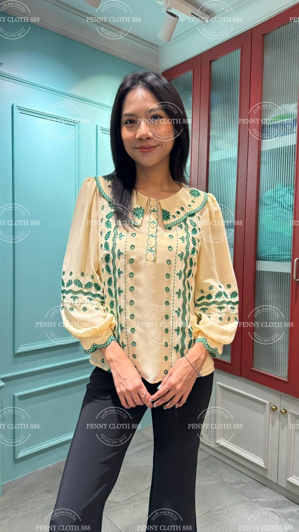 69689 เสื้อ A La Carte ชีฟองคอปก งานปักฉลุขึ้นใหม่ มีกระดุมหน้า 3 เม็ด มีซับใน by PENNY CLOTH 888