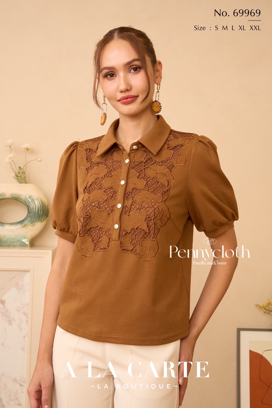 69969 เสื้อยืด A La Carte คอปกโปโล แขนสั้น งานปักฉลุ by PENNY CLOTH อก 38-46"