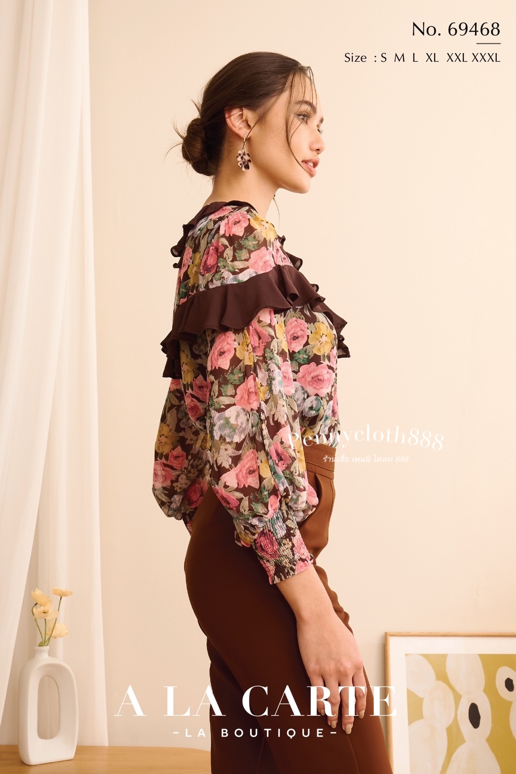 69468 เสื้อ A la carte ชีฟองพิมพ์ลายดอก คอวี แต่งระบาย แขนสม็อค สีฟ้าอมเขียว น้ำตาล ดำ