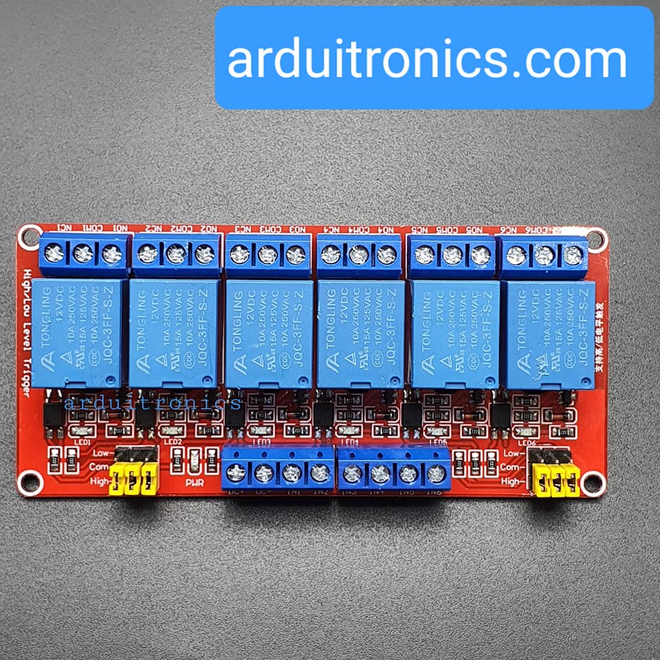 6 Channel Relay Module High/Low Level Trigger (12V) - Red PCB