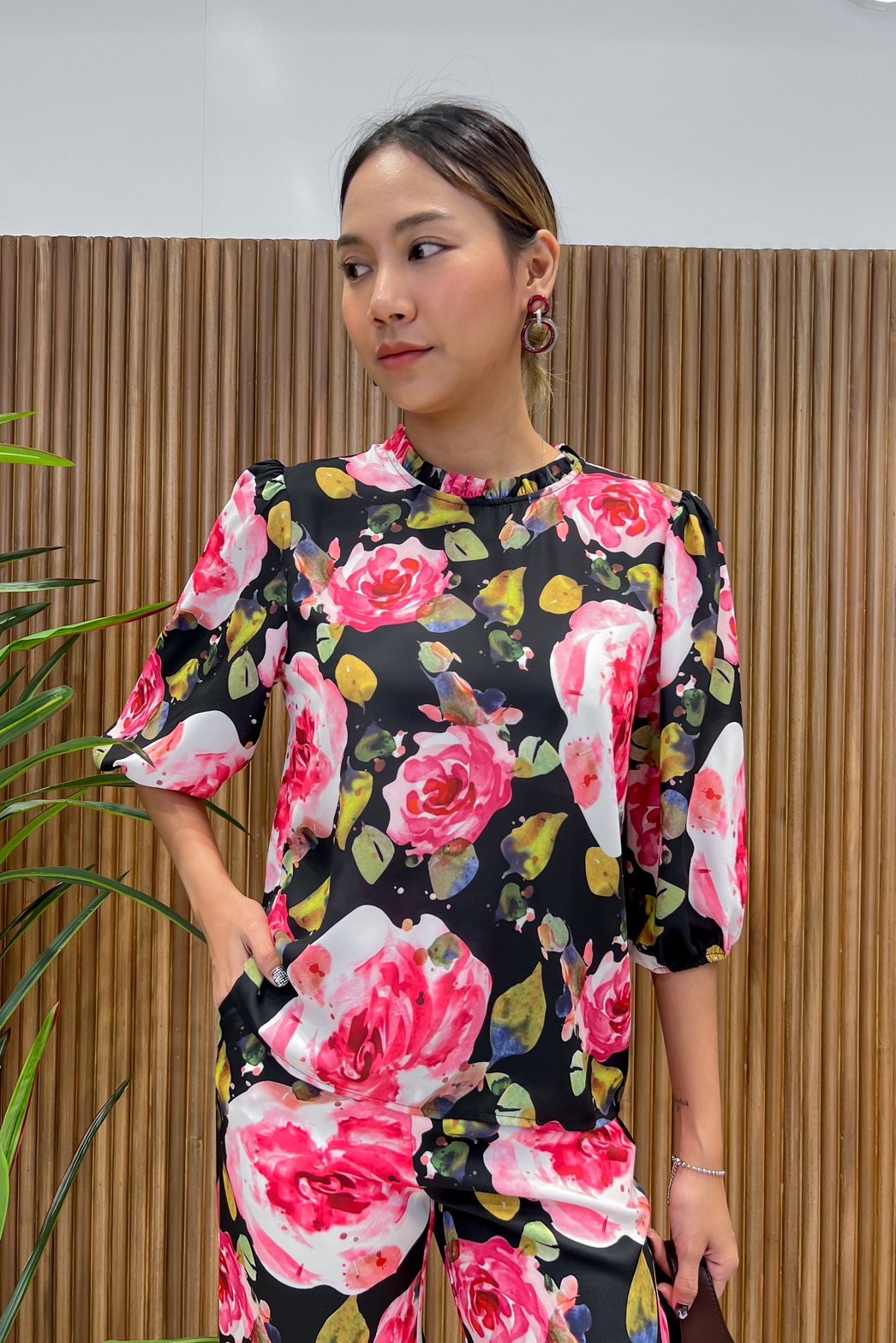JS0059B 👛🌹A la carte🛍ชุดเซทเสื้อจอร์เจีย กางเกงพิมพ์ลาย ใส่สบาย แขน 3 ส่วน กางเกง5 ส่วนทรงกระบอก 🍀สีม่วง XL