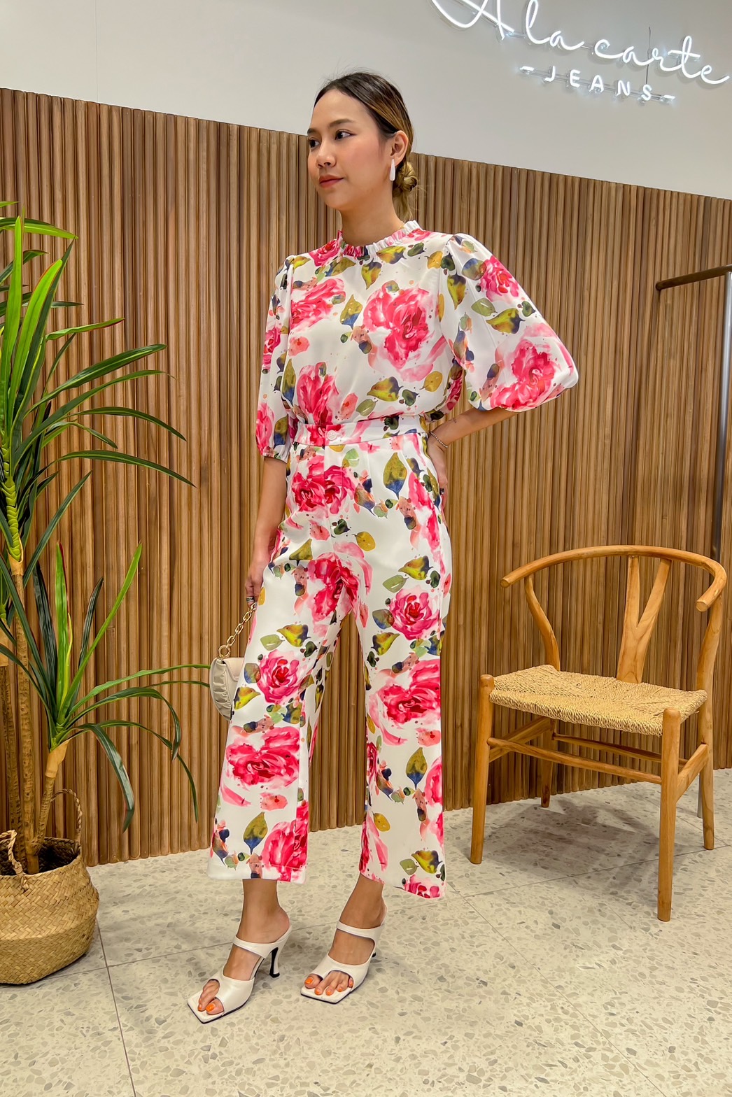 JS0059B 👛🌹A la carte🛍ชุดเซทเสื้อจอร์เจีย กางเกงพิมพ์ลาย ใส่สบาย แขน 3 ส่วน กางเกง5 ส่วนทรงกระบอก 🍀สีม่วง XL