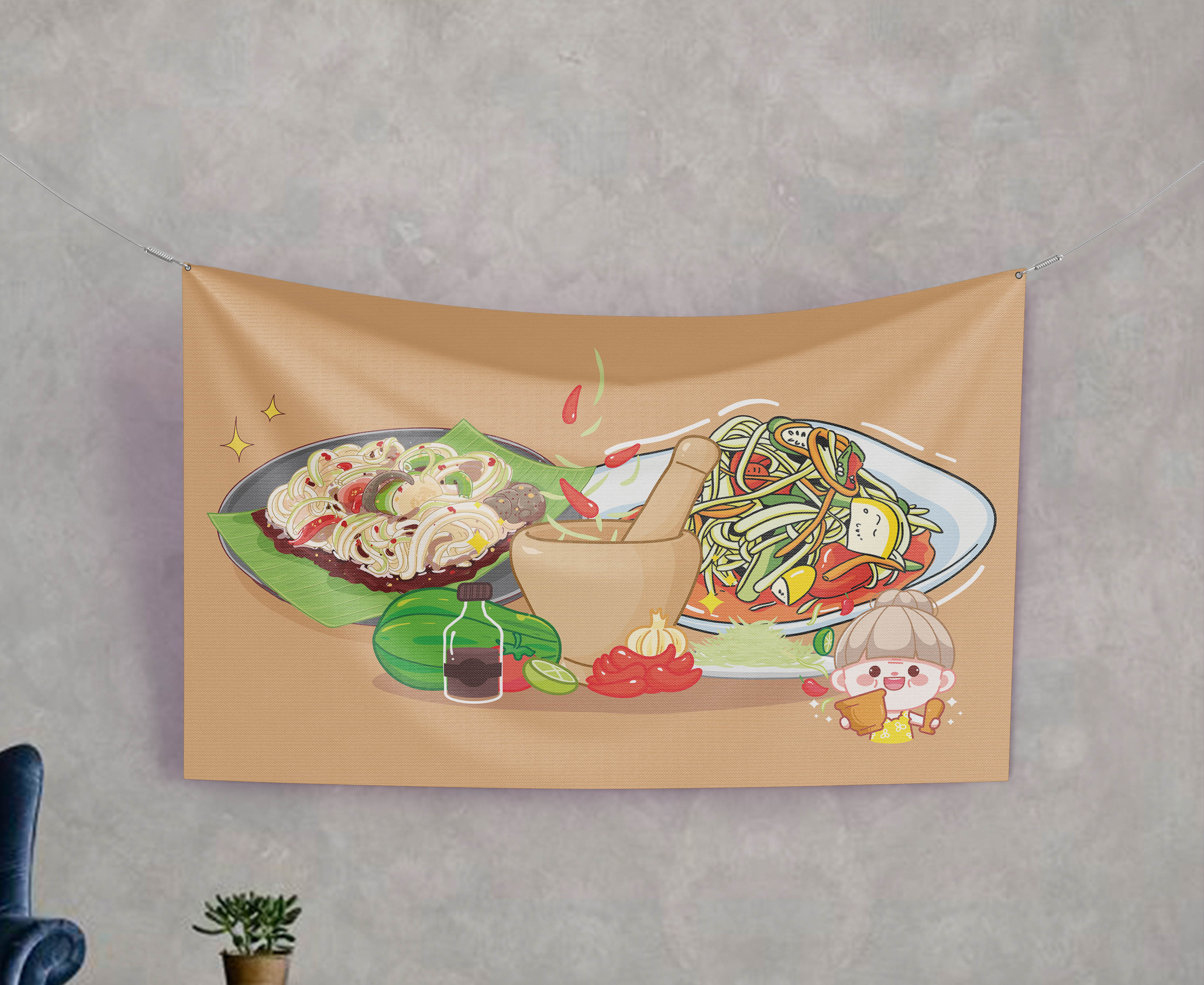 ป้ายผ้า ส้มตำ (มีของแถม) ผ้าพิมพ์ลาย ทนแดด ทนฝน แบรนด์ไทย รับประกัน