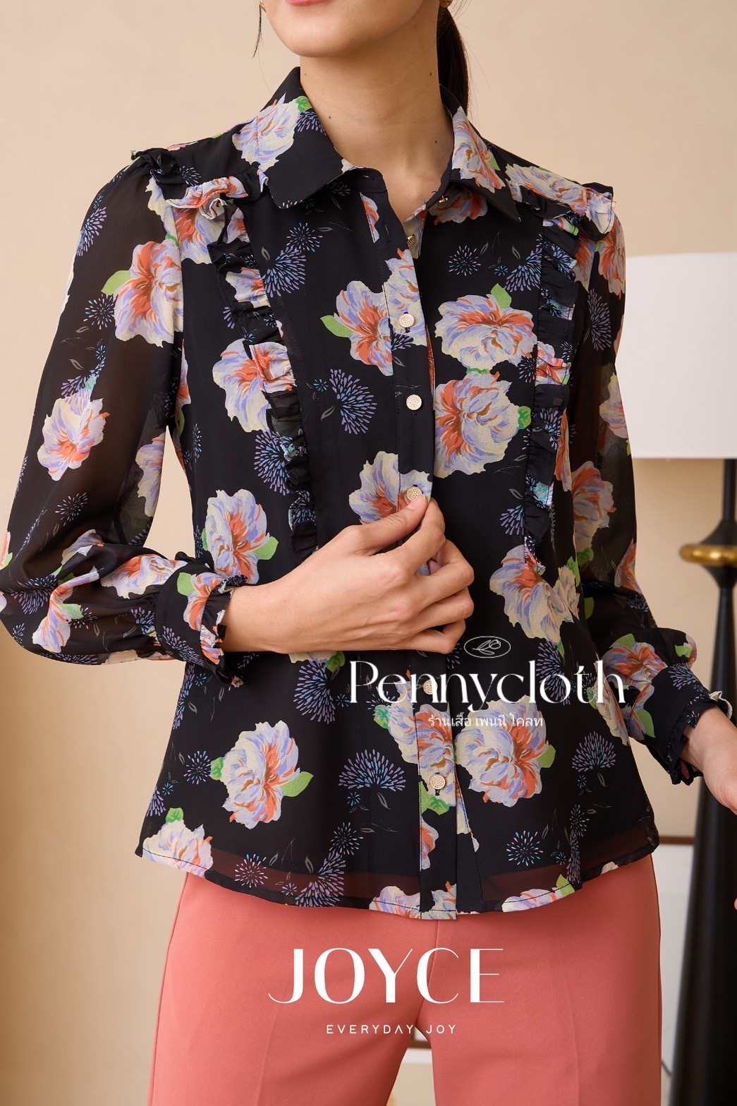 7015 เสื้อเชิ้ต Joyce ชีฟองพิมพ์ลาย แต่งระบาย มีกระดุมหน้า ซับใน แขนยาว by PENNY CLOTH