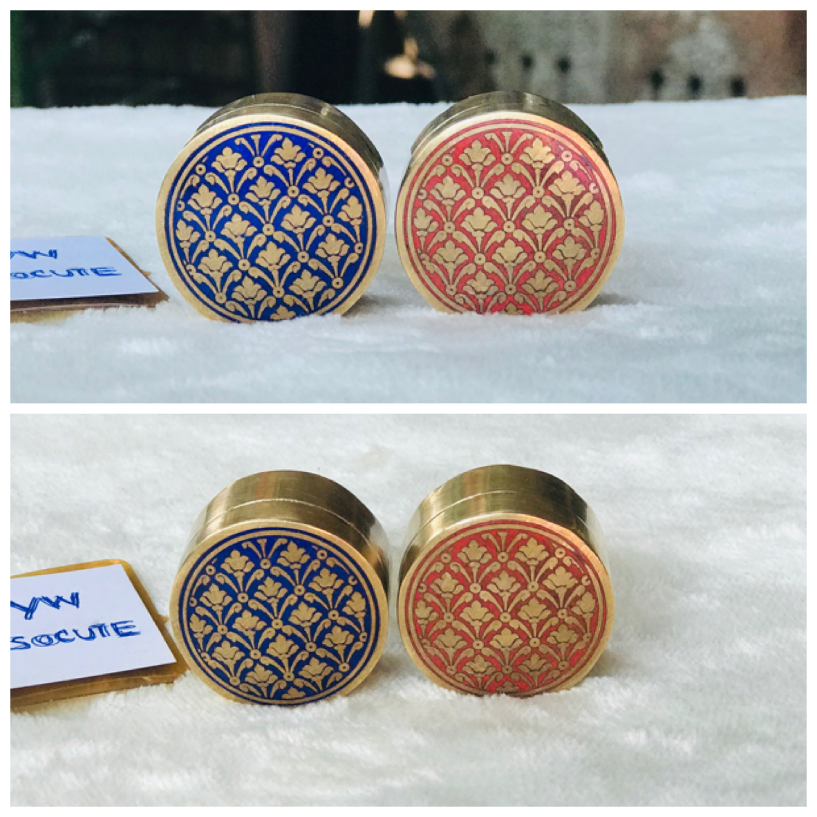 ราคาเริ่มต้นชุดละ 1,090 บาท Antique Brass ชุด 2 ชิ้น/ 4 ชิ้น งานทองเหลืองเก่า ตลับทองเหลืองลงยา ตลับขี้ผึ้งทองเหลืองลงยา ใส่ของมงคล มวลสาร