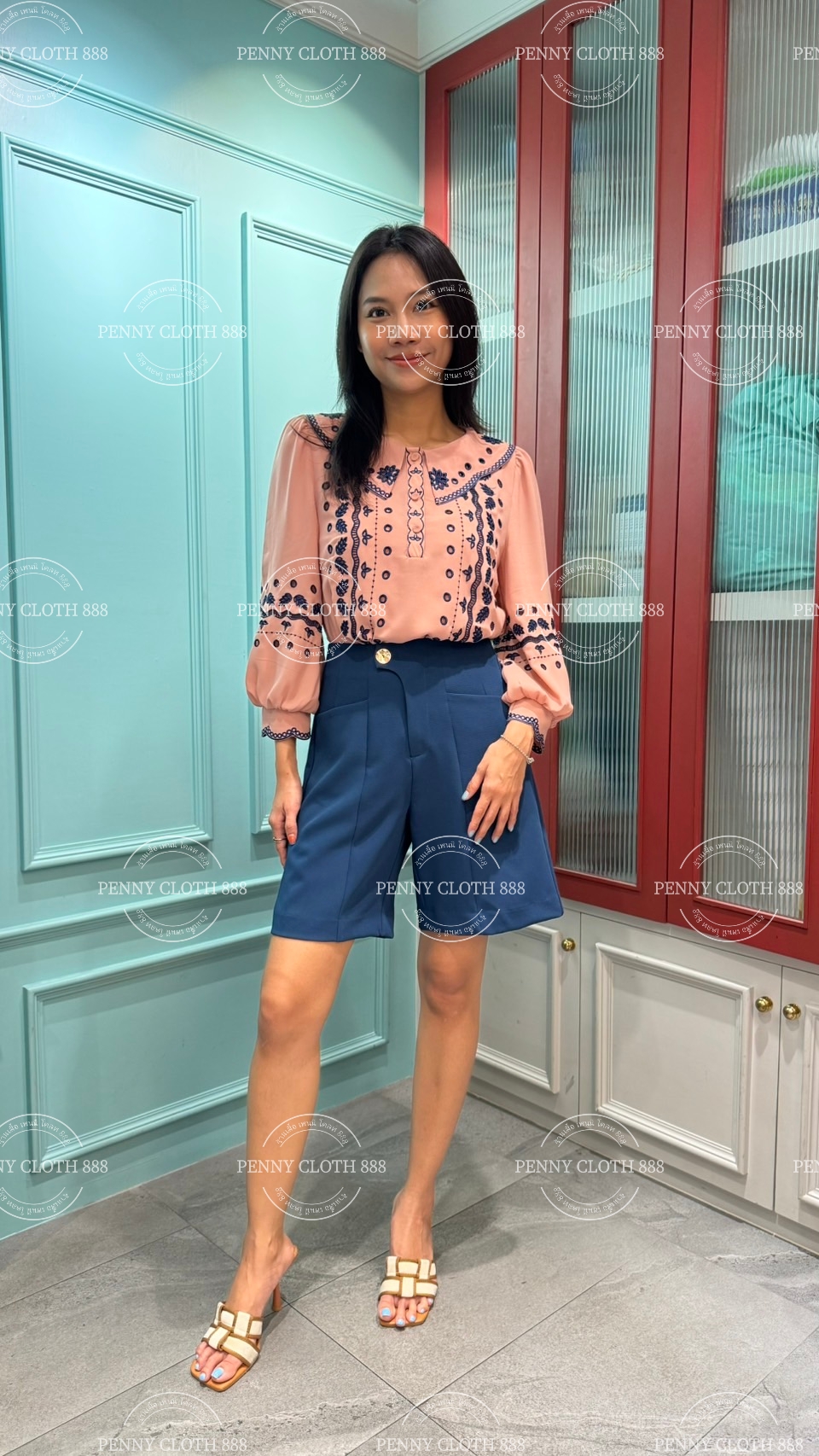 69689 เสื้อ A La Carte ชีฟองคอปก งานปักฉลุขึ้นใหม่ มีกระดุมหน้า 3 เม็ด มีซับใน by PENNY CLOTH 888