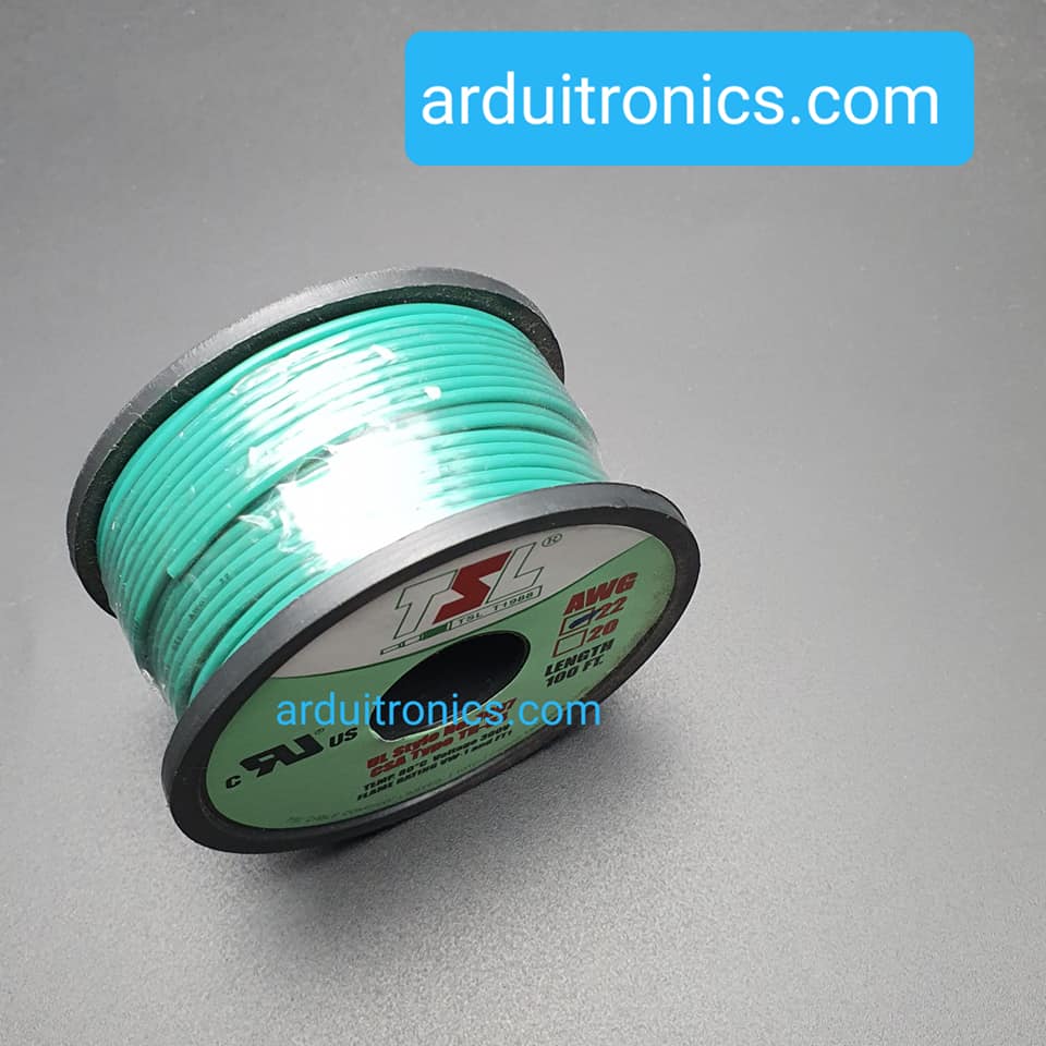 สายไฟอ่อนเส้นเดี่ยว 22AWG UL1007 ความยาว 100 ฟุต (33 เมตร) สีเขียว