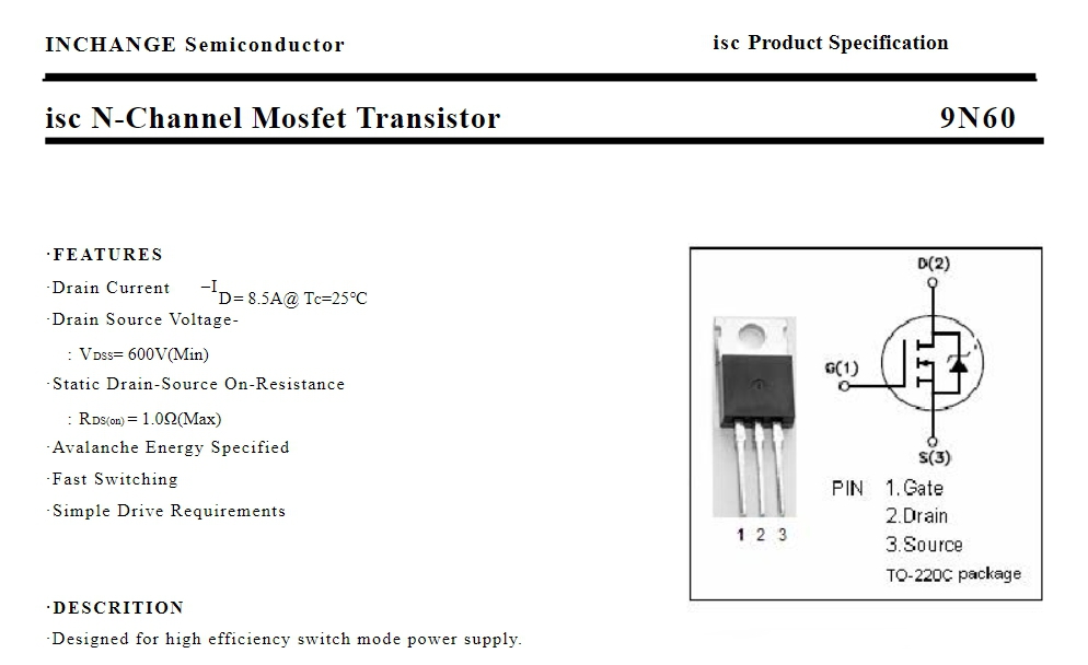 9NM60 N-Channel Mosfet Transistor