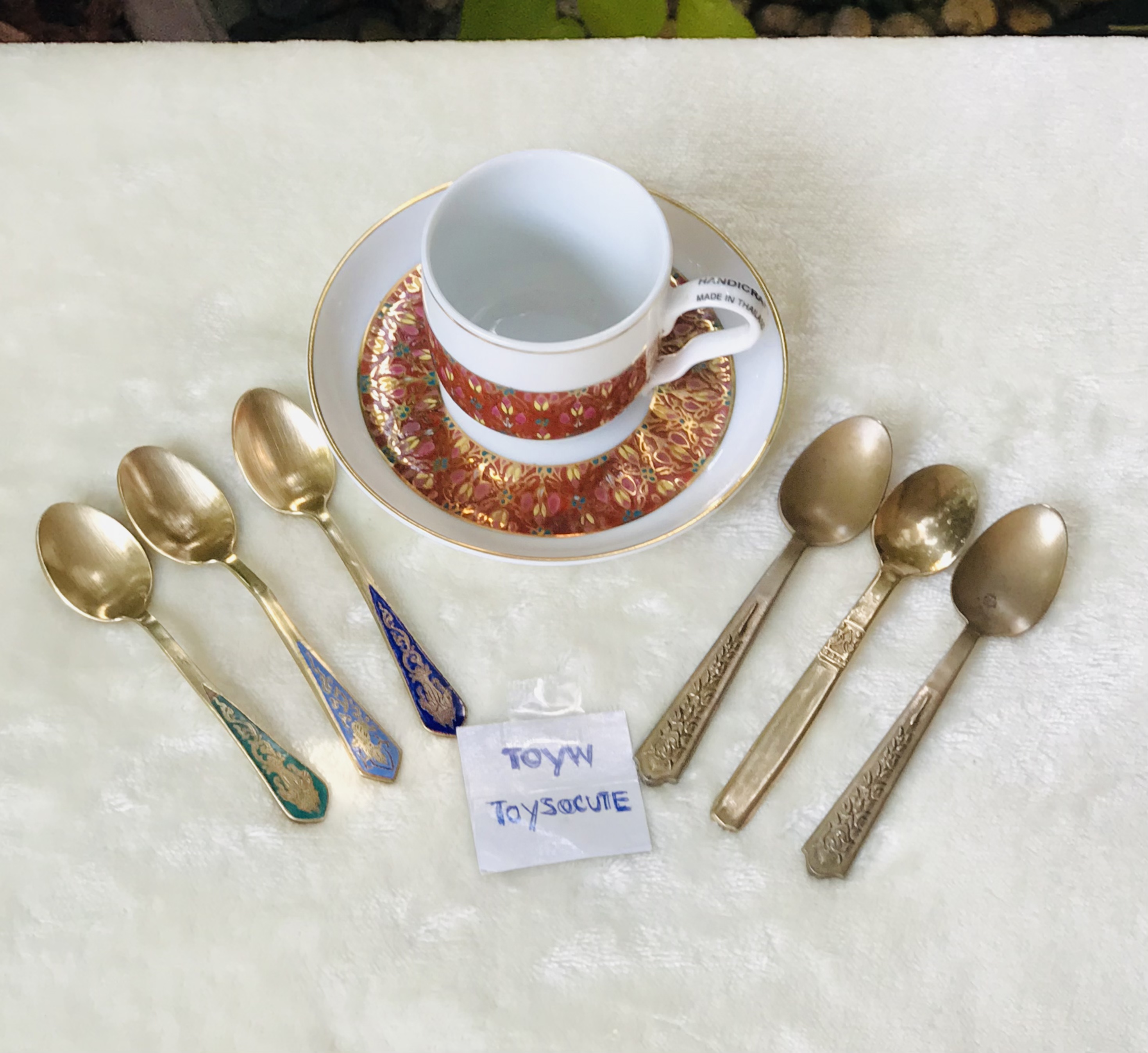 เริ่มต้นชุดละ 390 บาท Antique Brass ช้อนกาแฟทองเหลืองลงยา ช้อนขนมหวานทองเหลืองตอกลาย ขนาดยาว 10-11 ซม