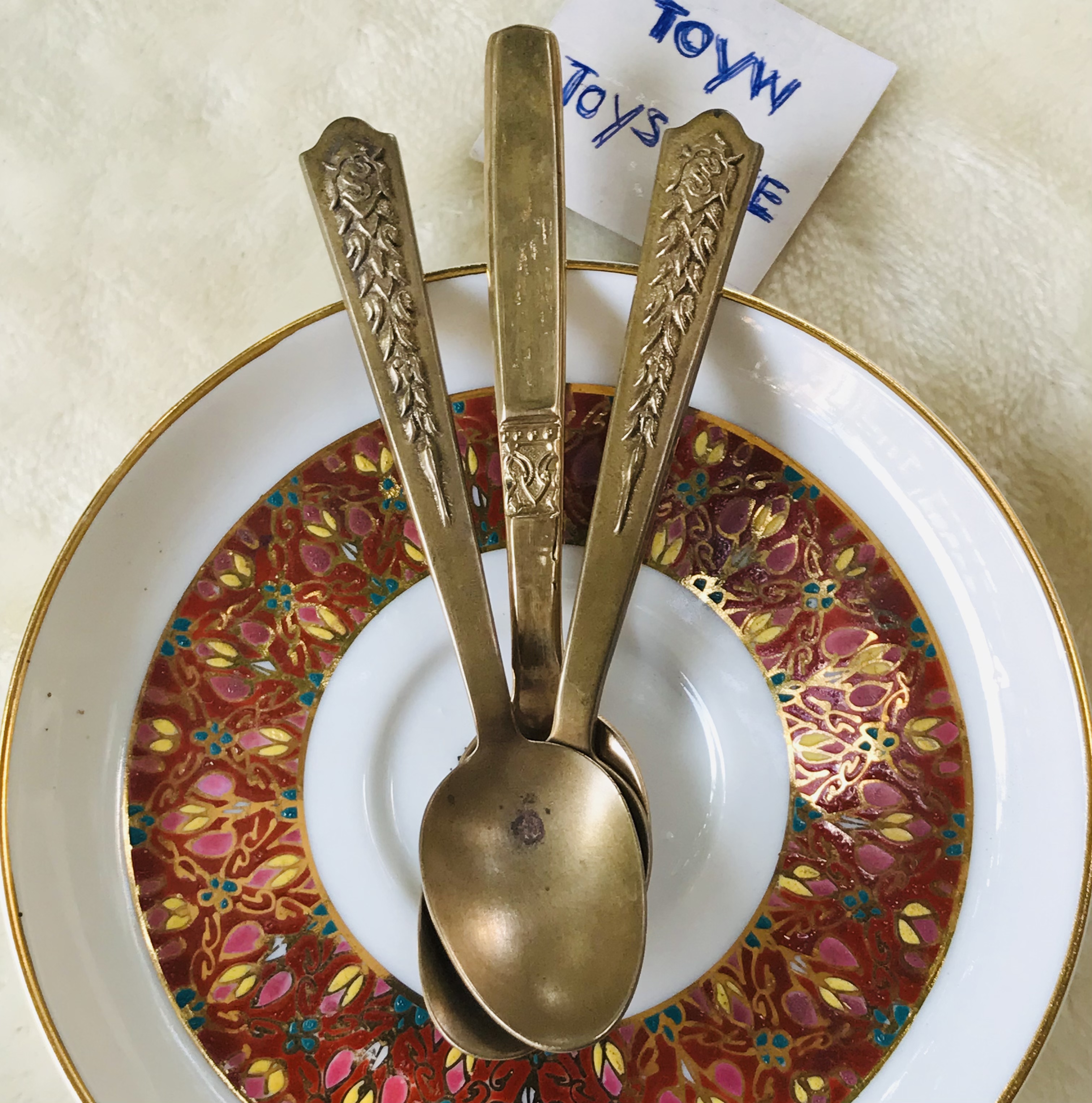 เริ่มต้นชุดละ 390 บาท Antique Brass ช้อนกาแฟทองเหลืองลงยา ช้อนขนมหวานทองเหลืองตอกลาย ขนาดยาว 10-11 ซม