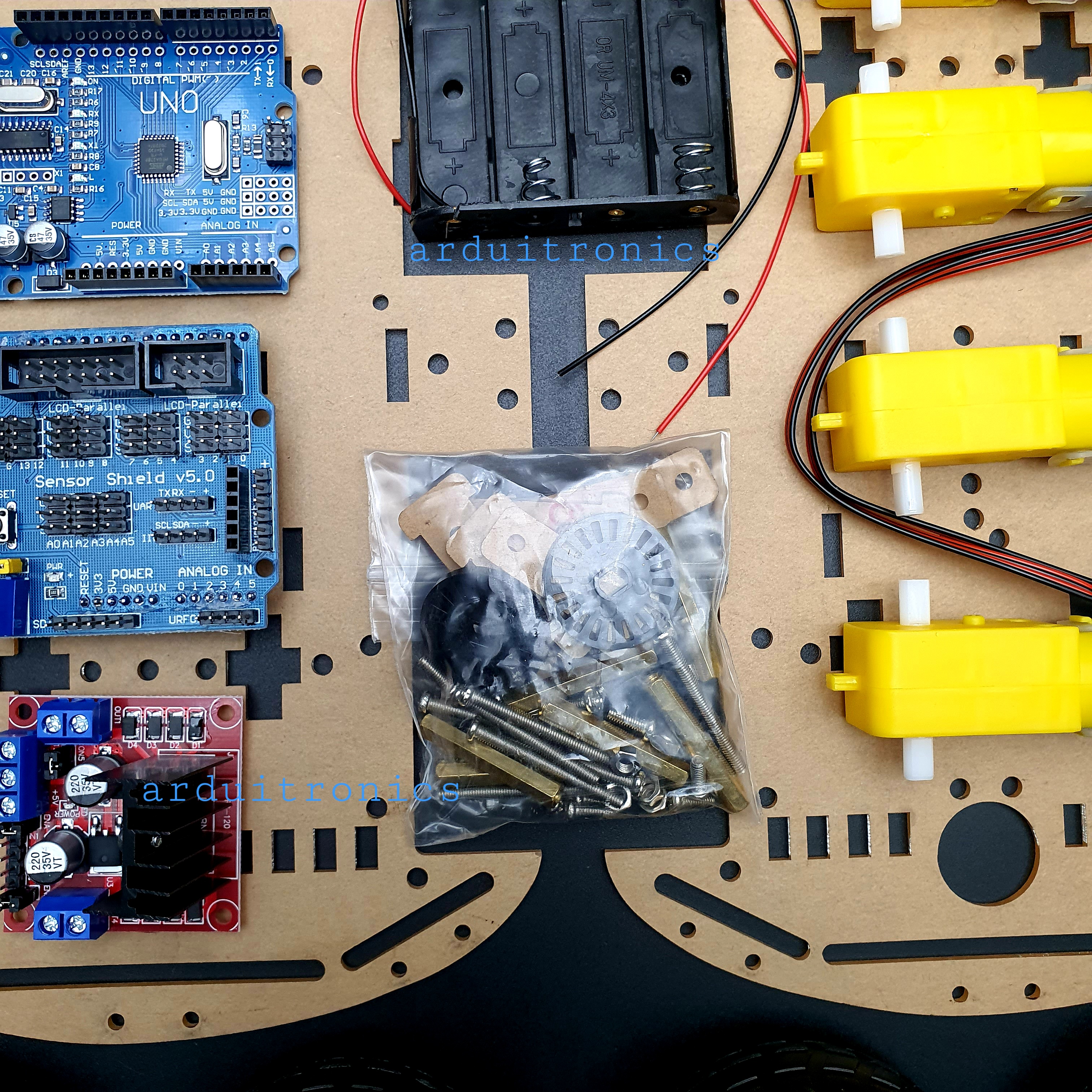 ชุด Arduino Smart Car Robot Kit 4 ล้อ (4WD) รถหุ่นยนต์หลบหลีกสิ่งกีดขวางและเดินตามเส้นครบชุด Smart Car Kit