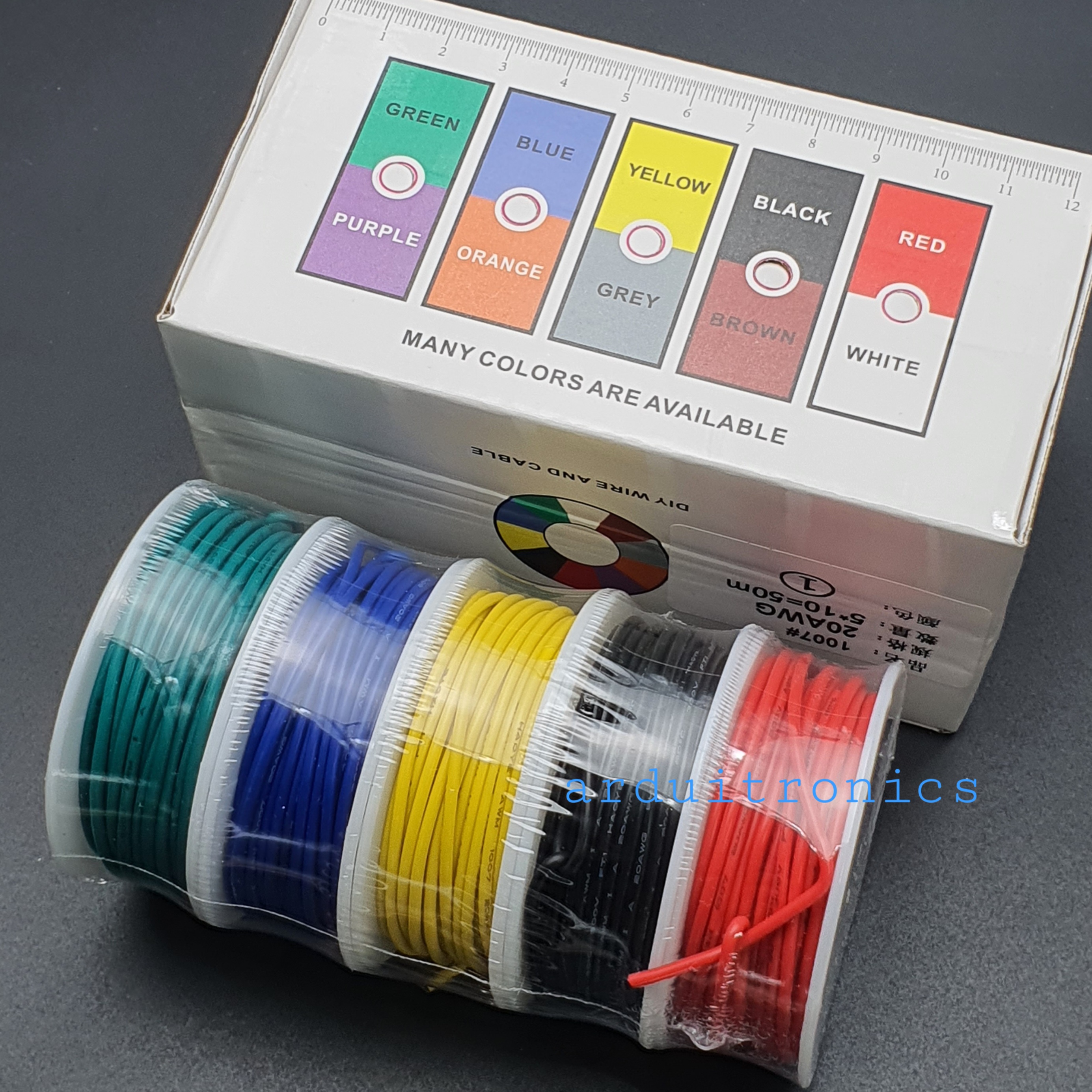 สายไฟ 5 สี สายไฟอ่อนเส้นเดี่ยว UL1007 สายไฟลวดทองแดงชุบดีบุก 20AWG ความยาวม้วนละ 10 เมตร ( สี แดง ดำ เหลือง น้ำเงิน เขียว )