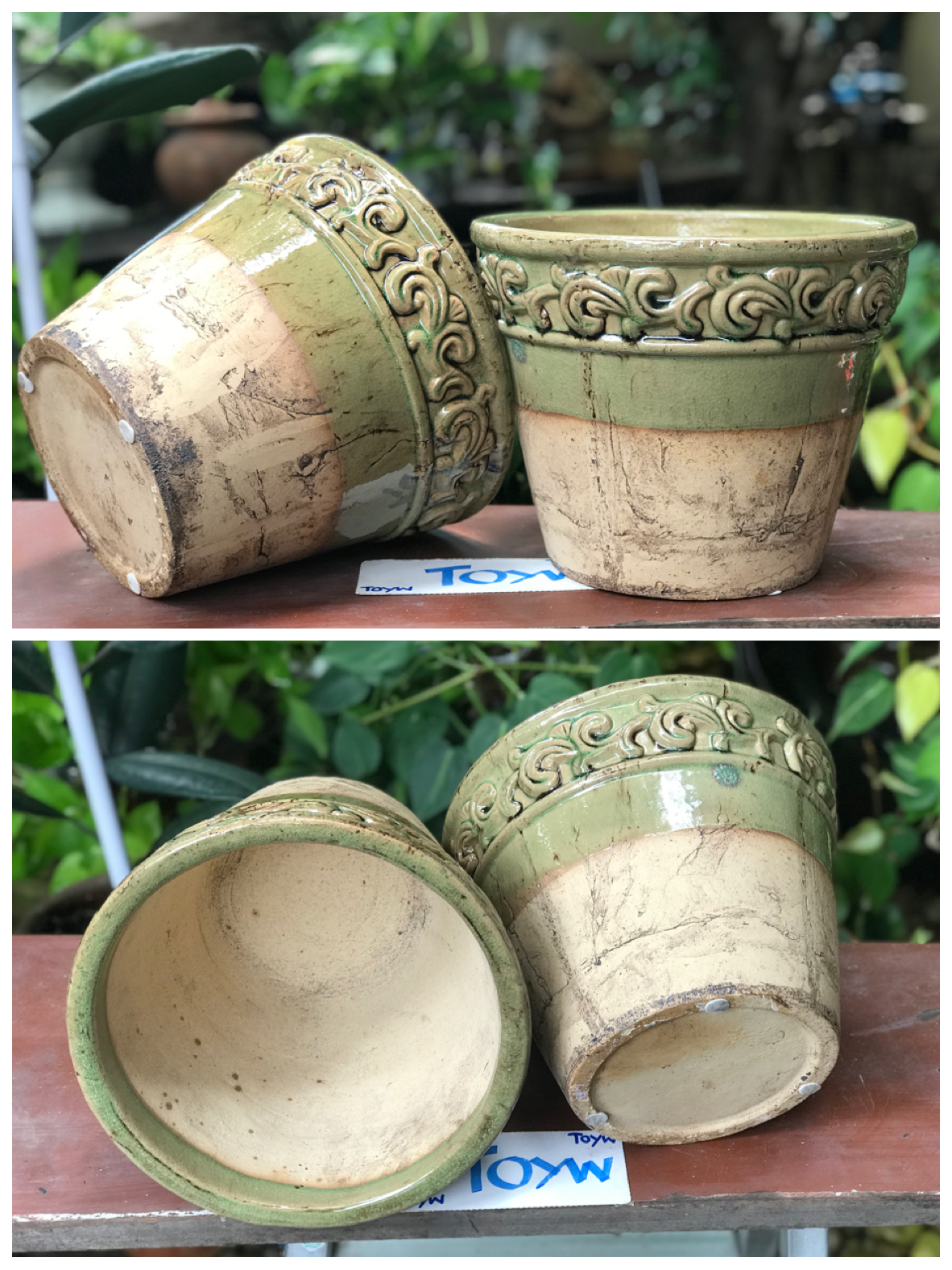 ขายคู่ ไม่รวมต้นไม้ เก็บเก่ากระถาง แจกันลายปั้นนูน น้ำเคลือบสีเขียว สวยสมบูรณ์ ไม่แตกไม่ร้าว ขนาดปากกว้าง 10 นิ้ว สูง 8 นิ้ว
