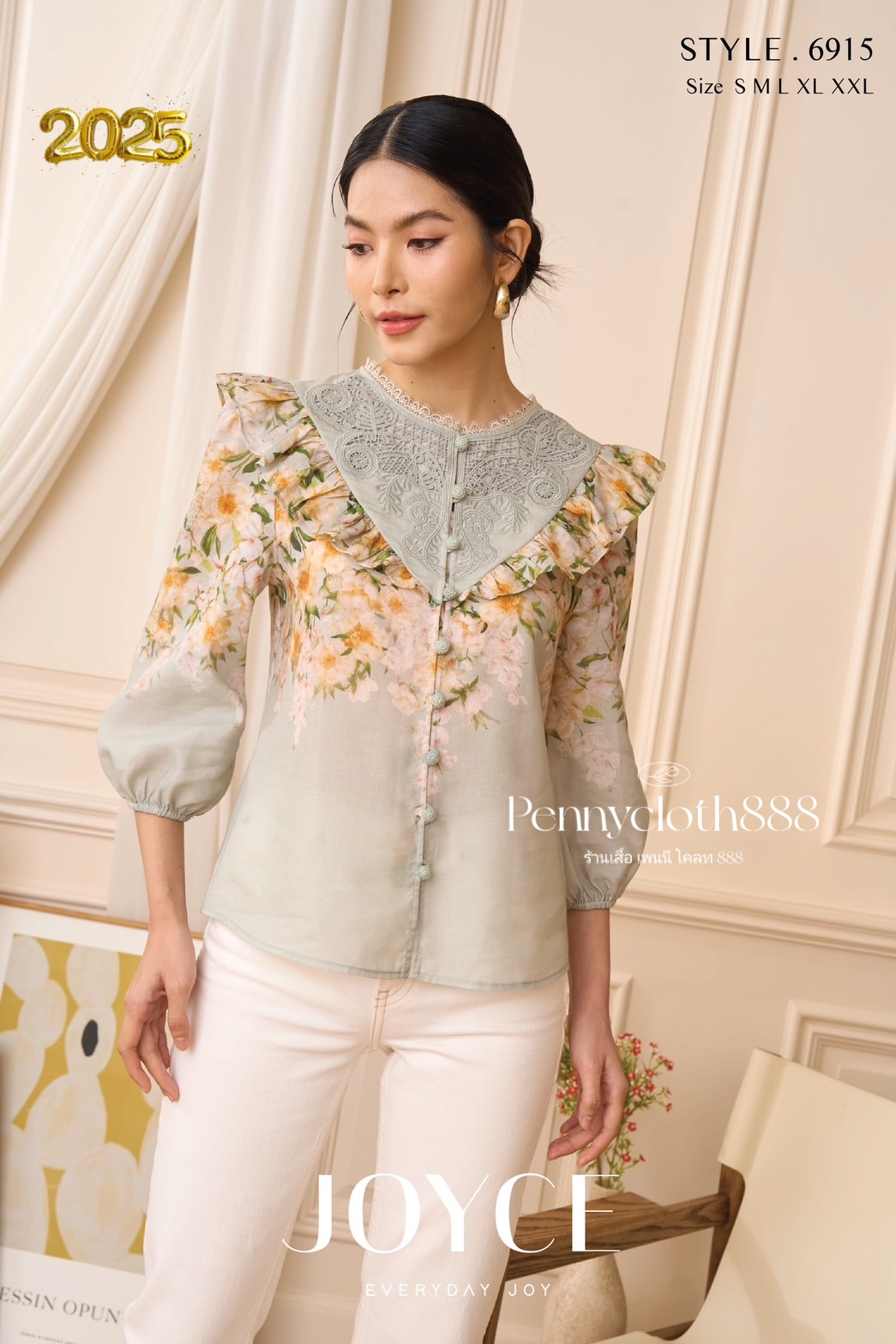 6915 เสื้อเบลาส์เชิ้ต ลินินพิมพ์ลาย งานปักฉลุ ทอลูกไม้ แขน 3 ส่วน ดีไซน์สวยหรู