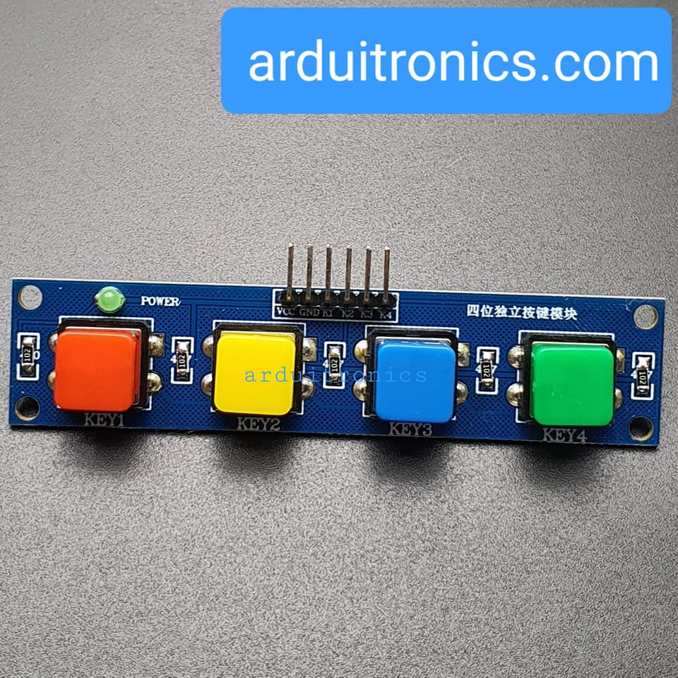 โมดูลสวิตช์กดติด/ปล่อยดับ 4 ปุ่ม 4 สี + LED สำหรับ Arduino (ปุ่มสี่เหลี่ยม)