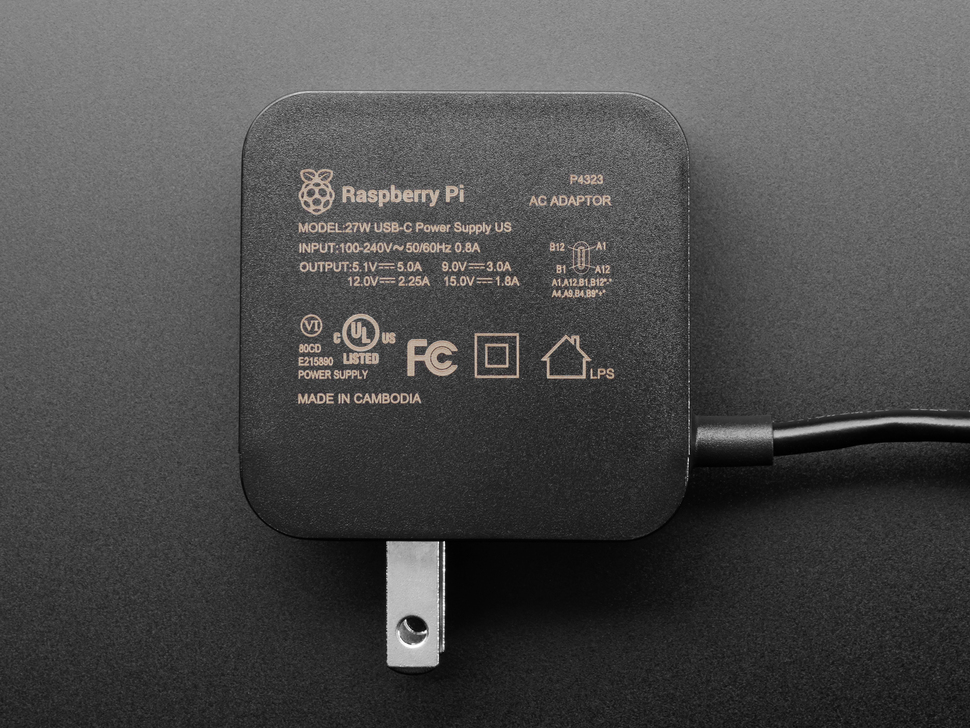 Official Power Supply, USB-C, 5.1V, 5A, Black (US Plug) - Raspberry Pi 5 / 4B