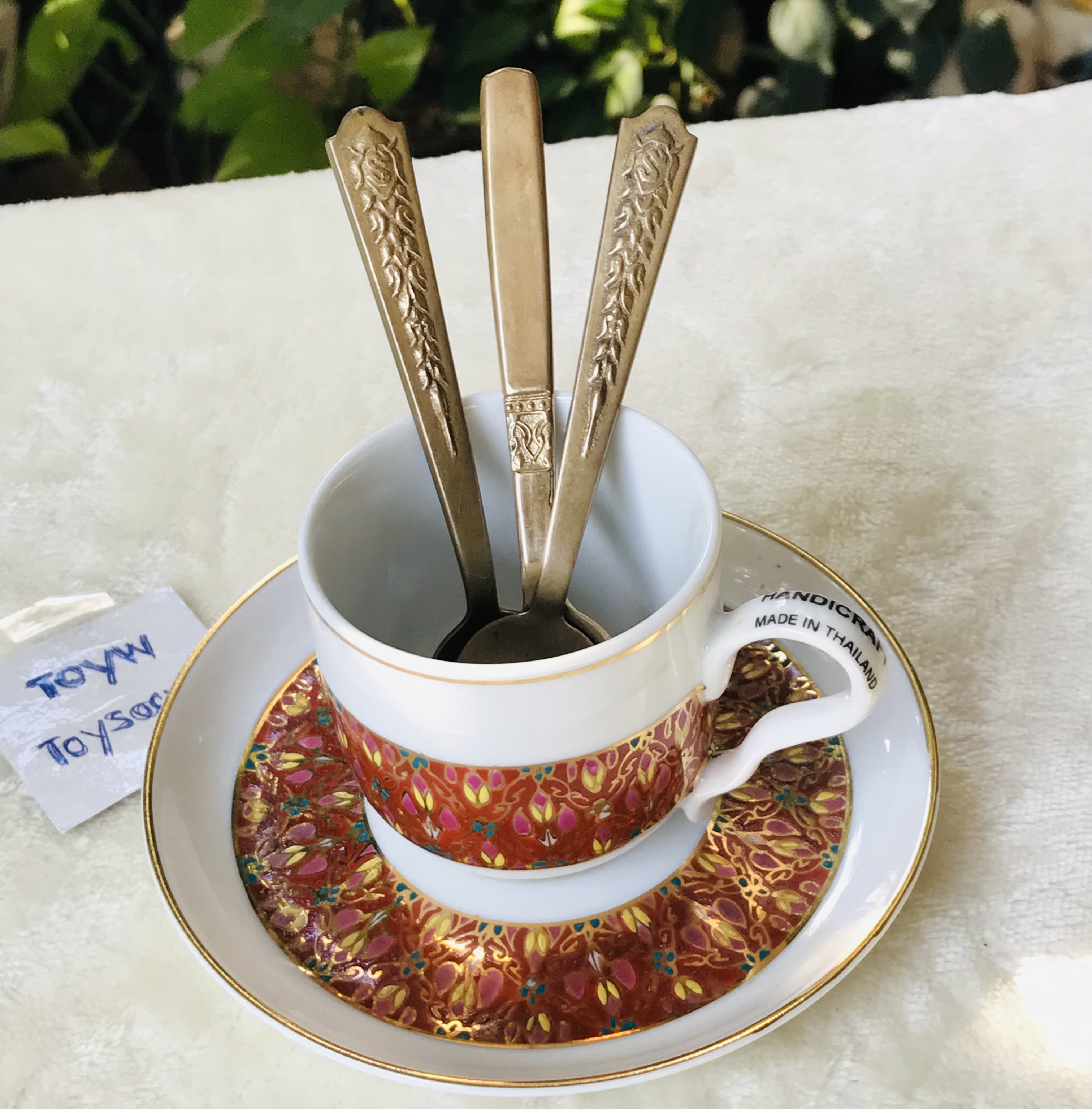 เริ่มต้นชุดละ 390 บาท Antique Brass ช้อนกาแฟทองเหลืองลงยา ช้อนขนมหวานทองเหลืองตอกลาย ขนาดยาว 10-11 ซม