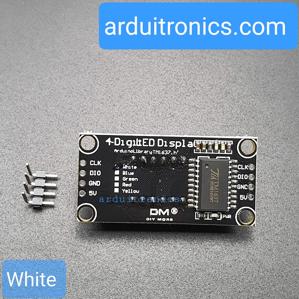 โมดูลแสดงค่าตัวเลข 4 หลัก สีขาว 7 Segment 4 Digit TM1637 Module Size 0.36"