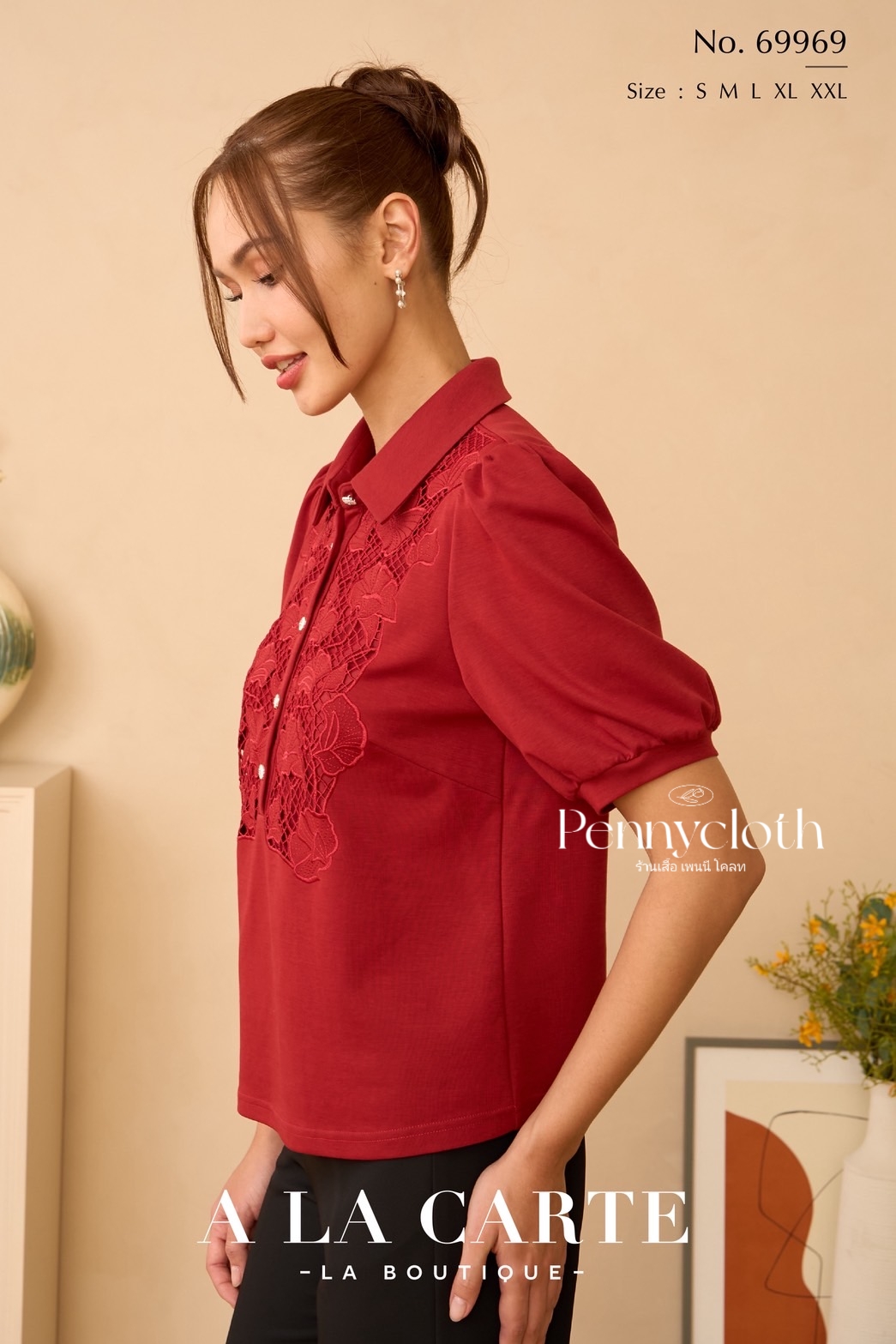 69969 เสื้อยืด A La Carte คอปกโปโล แขนสั้น งานปักฉลุ by PENNY CLOTH อก 38-46"