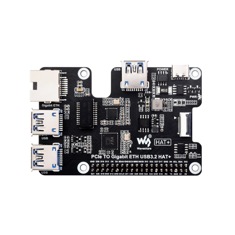 PCIe To Gigabit Ethernet And USB 3.2 Gen1 HAT For Raspberry Pi 5, 3x USB 3.2 Gen1, 1x Gigabit Ethernet, Driver-Free, Plug And Play, Raspberry Pi 5 PCIe HAT (แท้จาก WaveShare)