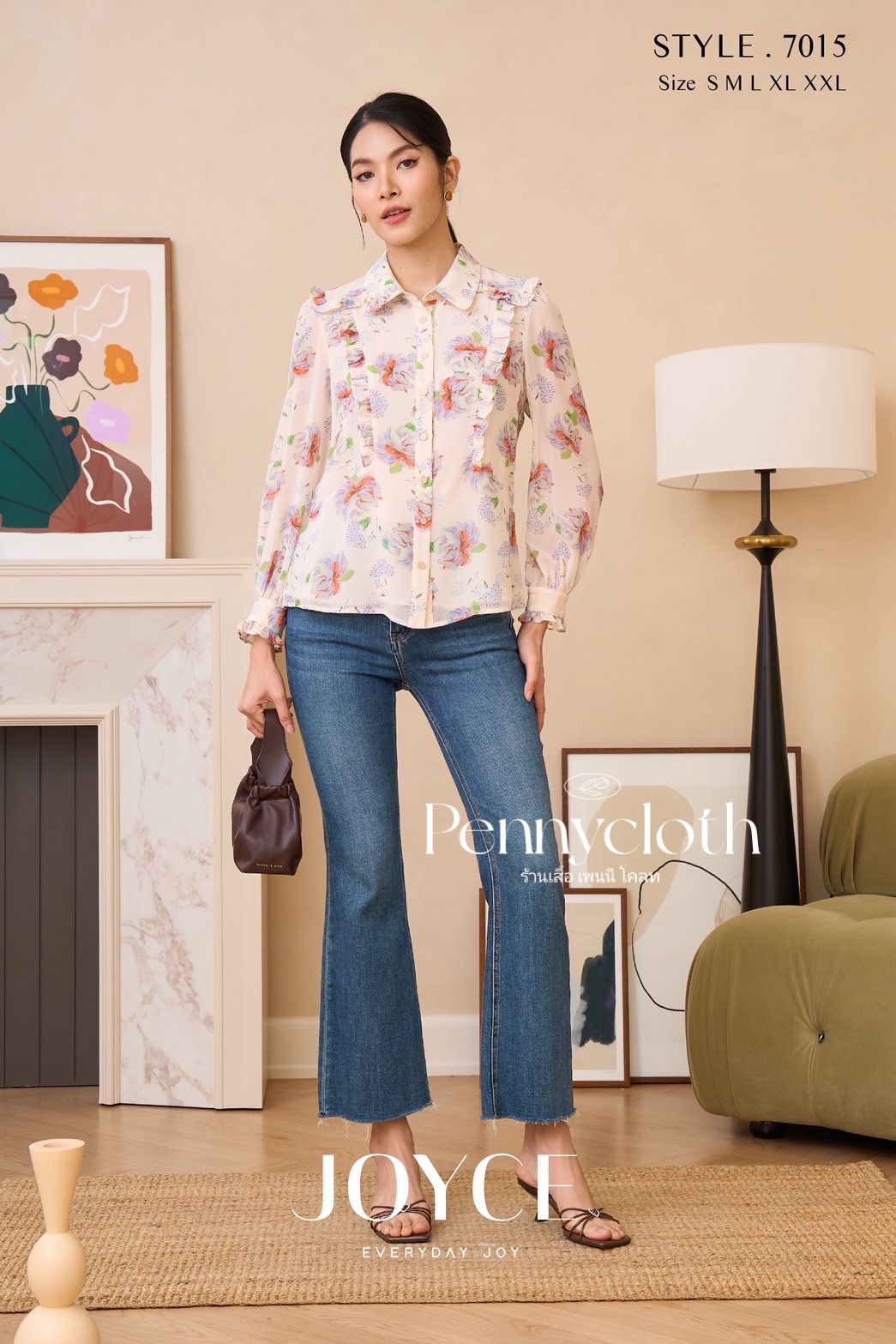 7015 เสื้อเชิ้ต Joyce ชีฟองพิมพ์ลาย แต่งระบาย มีกระดุมหน้า ซับใน แขนยาว by PENNY CLOTH
