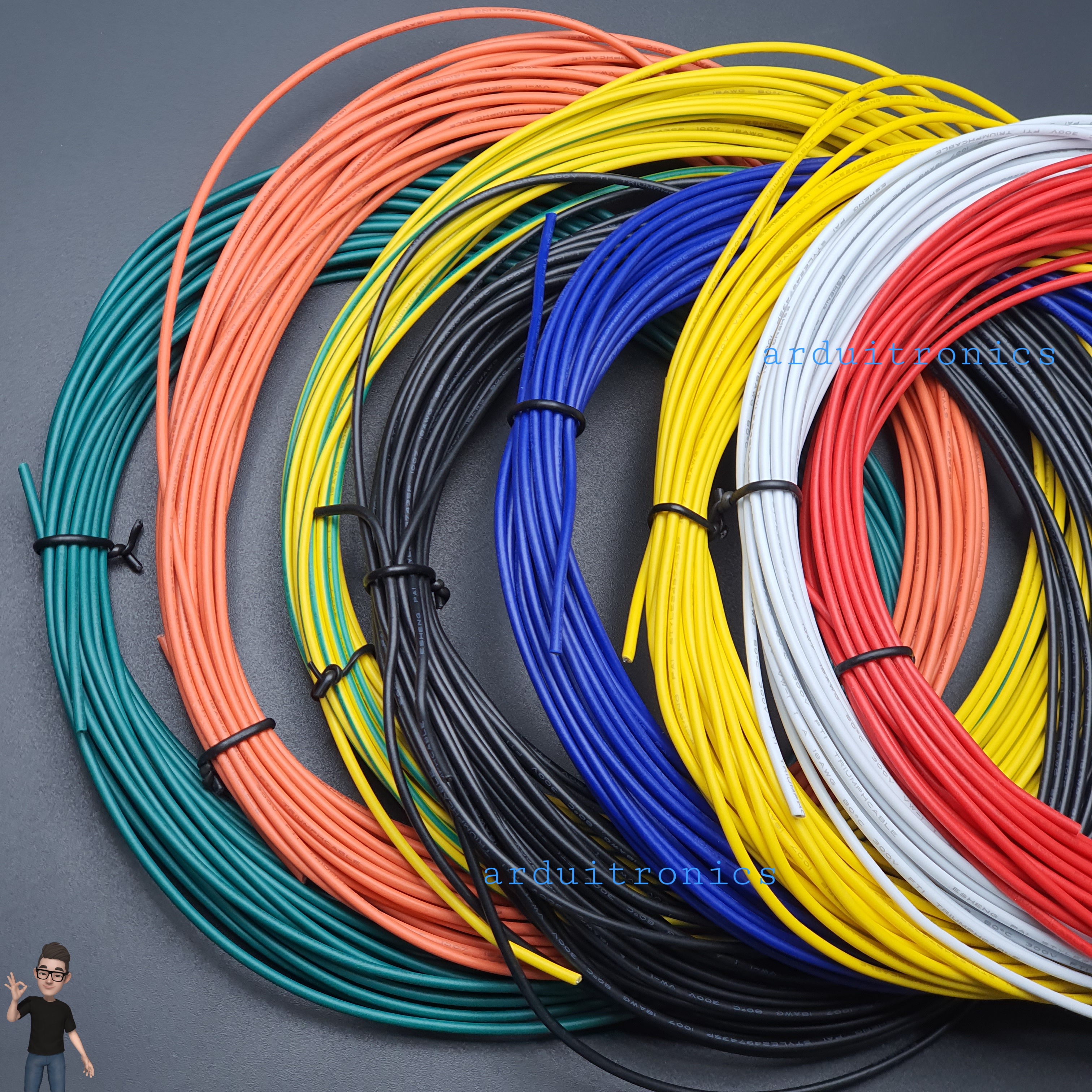 [ชุด 8 สี] สายไฟอ่อนใส้เต็ม 18AWG UL1007 ยาว 10 เมตร (แดง ดำ เหลือง น้ำเงิน เขียว ขาว ส้ม เหลือง-เขียว)