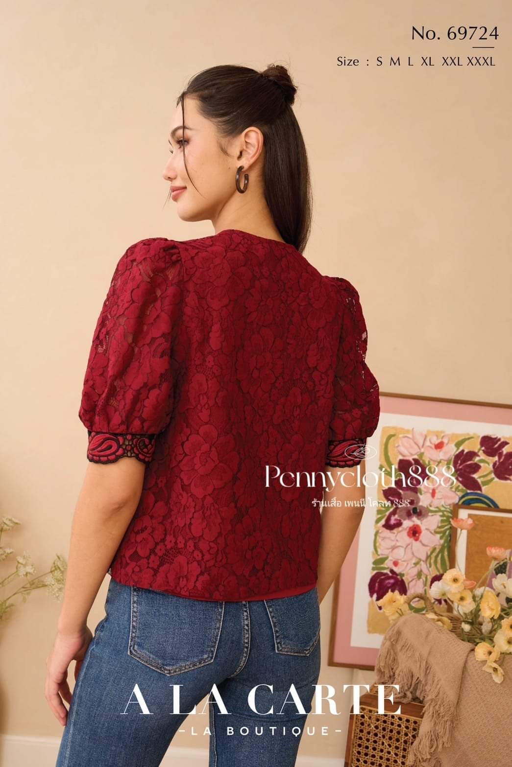 69724 เสื้อ A La Carte ลูกไม้คอร์ด คอกลม แต่งลูกไม้ แขนสั้น มีซับใน by PENNY CLOTH 888