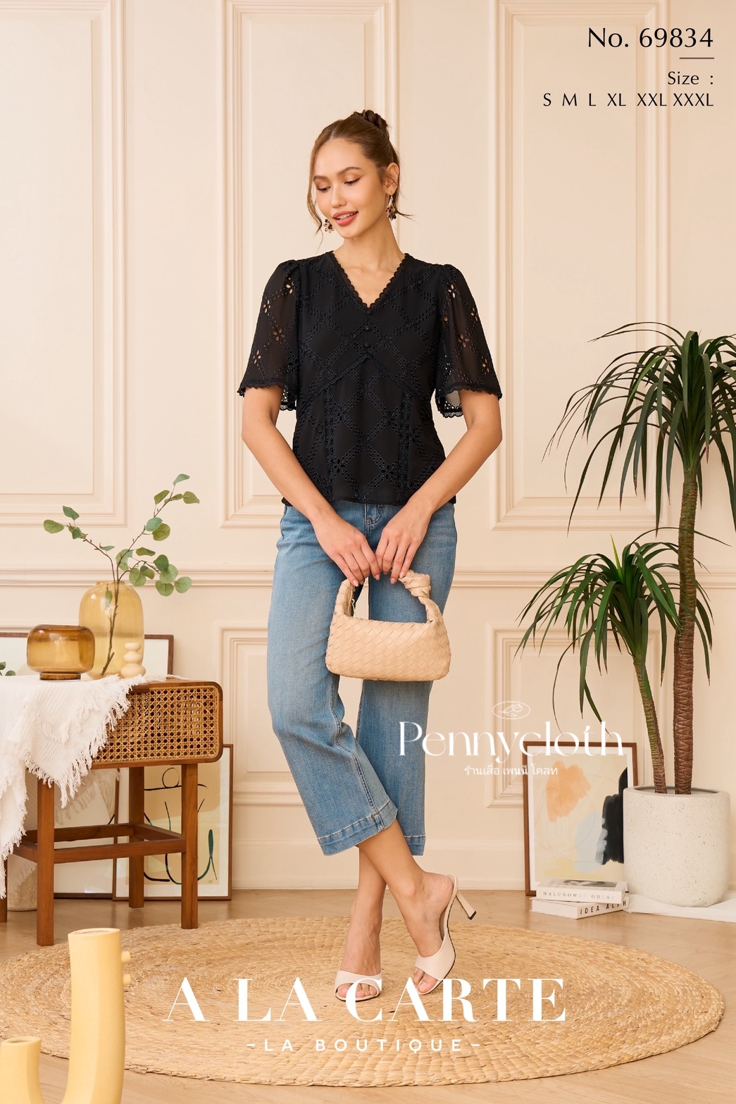 A La Carte รหัส 69834 เสื้อลูกไม้ชีฟอง งานปัก คอวี แขนสั้นแฟร์ สีดำ สีขาว สีโอวัลติน สีส้ม ( ขนาดเอวน้อยกว่าอก 2")