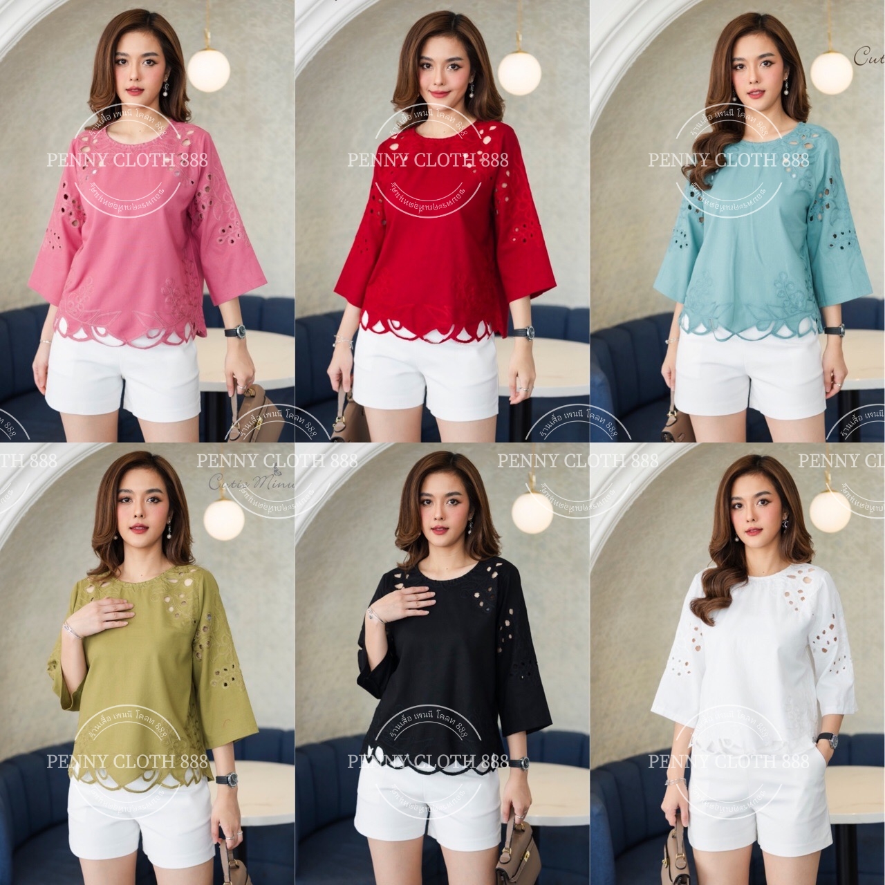 P212 เสื้อลินินผสมฝ้าย มีขนาดเดียว อก 42 นิ้ว งานปักฉลุ แขน 3 ส่วน
