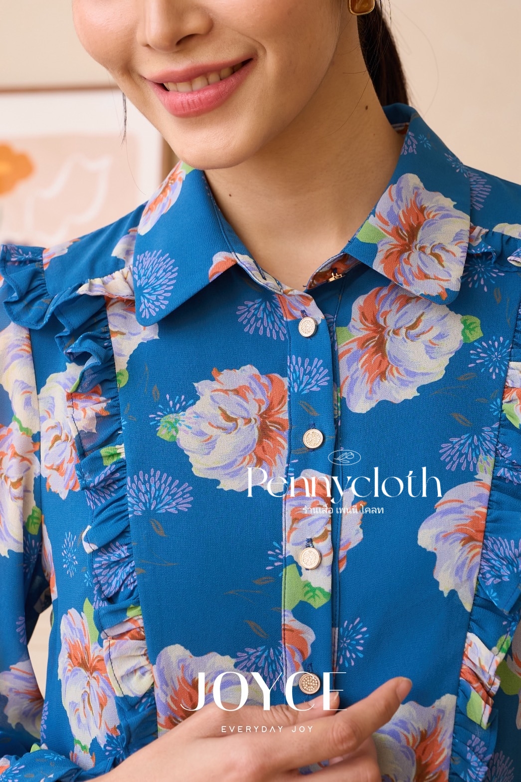 7015 เสื้อเชิ้ต Joyce ชีฟองพิมพ์ลาย แต่งระบาย มีกระดุมหน้า ซับใน แขนยาว by PENNY CLOTH