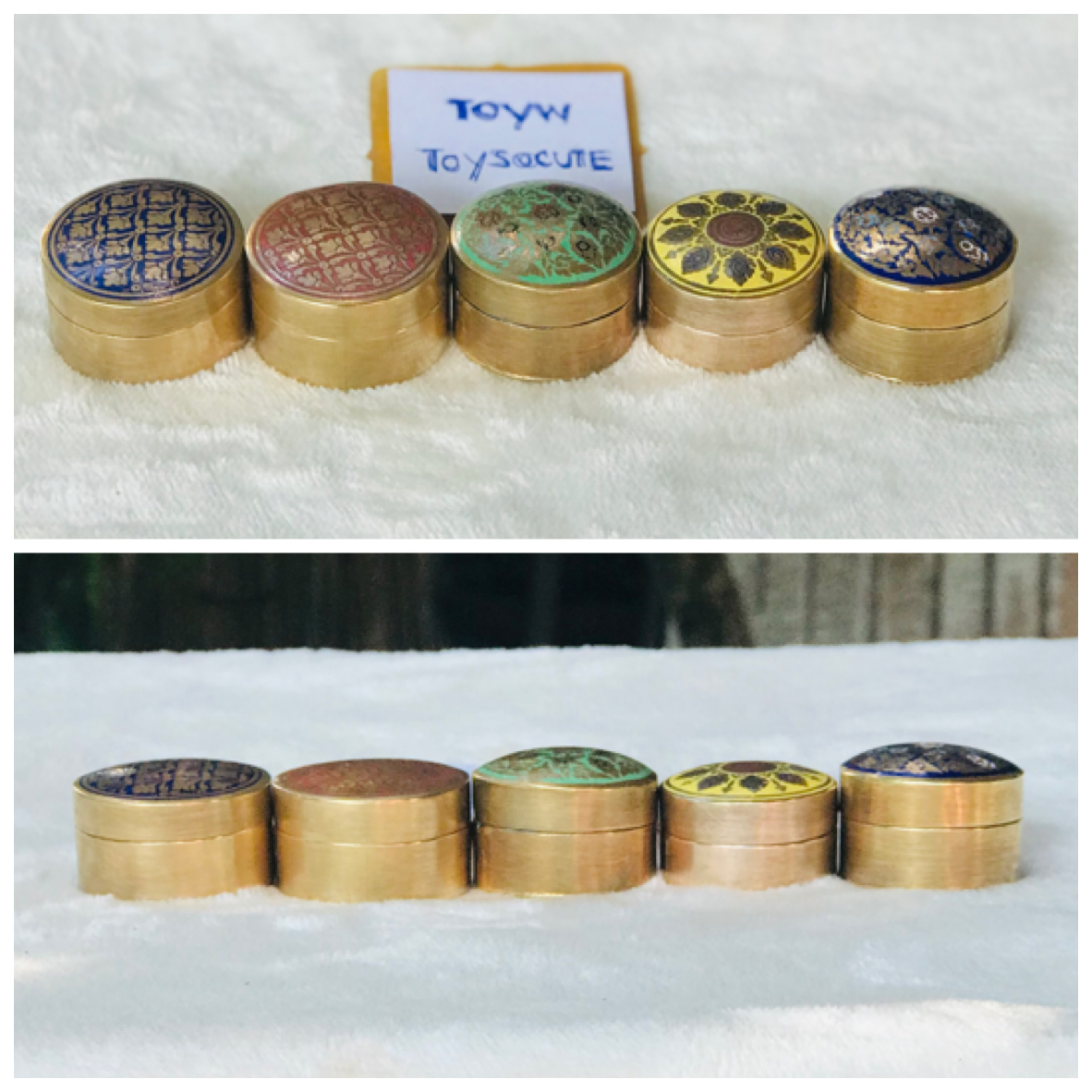 ราคาเริ่มต้นชุดละ 1,090 บาท Antique Brass ชุด 2 ชิ้น/ 4 ชิ้น งานทองเหลืองเก่า ตลับทองเหลืองลงยา ตลับขี้ผึ้งทองเหลืองลงยา ใส่ของมงคล มวลสาร