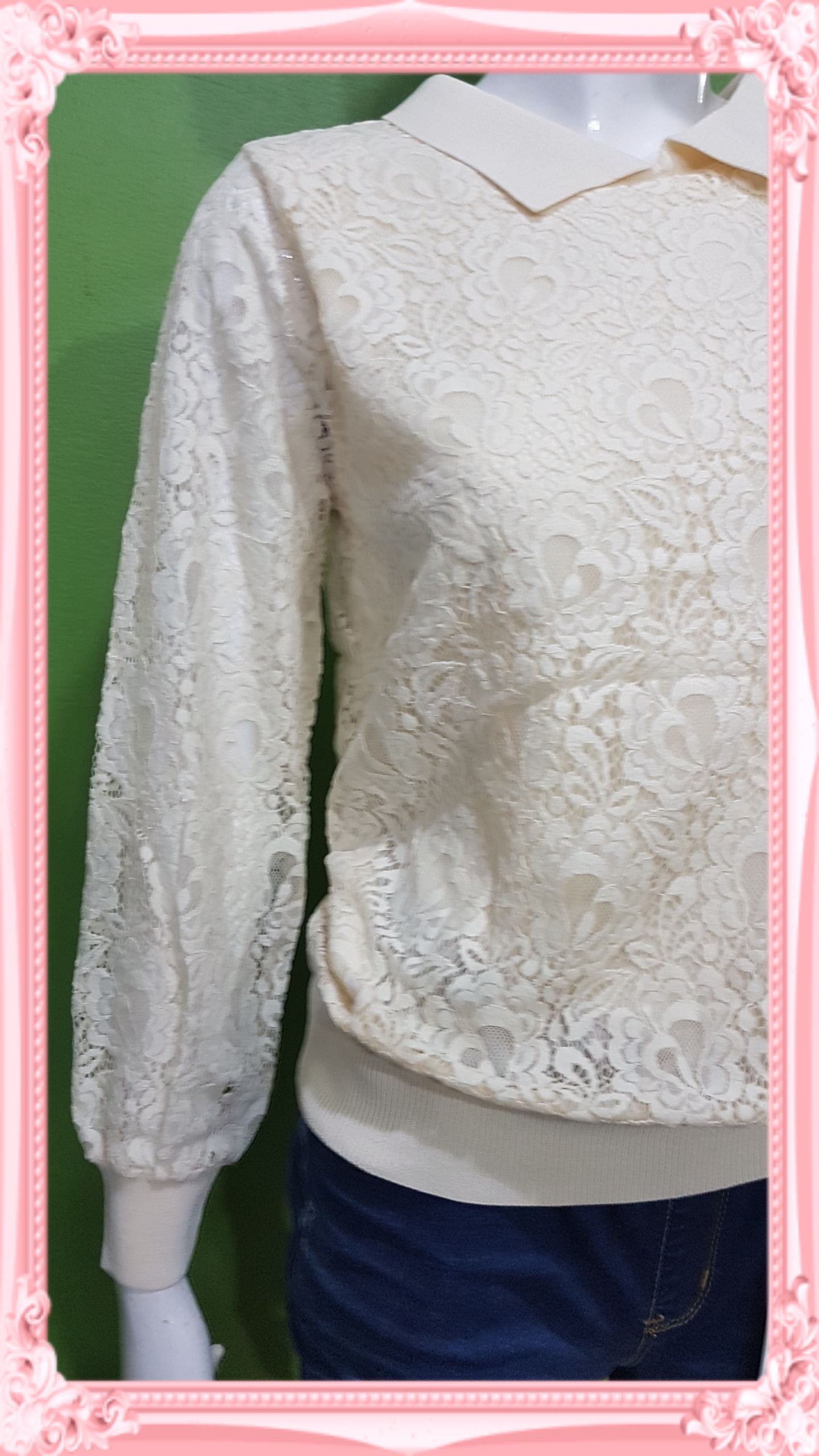 เสื้อแฟชั่นผ้าลูกไม้ Knit&Co คอปกแขนยาวเอวจั้ม มีซับในตัว ผ้าไม่หนาค่ะ สินค้าพร้อมส่ง สีชมพู ค่ะ