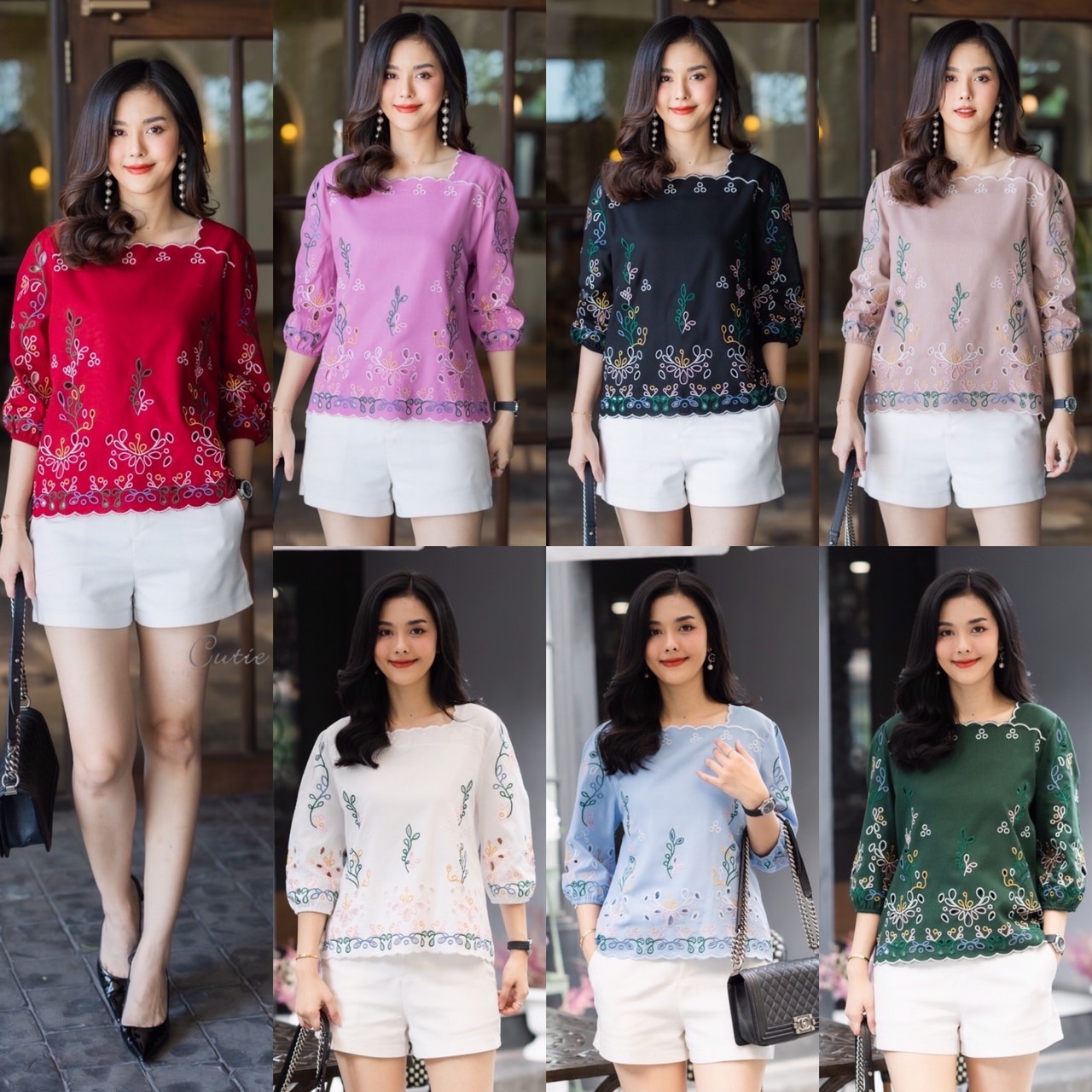 P8838A เสื้อลินินผสมฝ้าย เนื้อผ้าขึ้นลาย งานปักดอกไม้สีสวยเจาะฉลุทั้งตัว คอทรงเหลี่ยมปักขอบ มีซับในด้านหน้า ขนาดอก 42 นิ้ว สีฟ้า ขาว เขียว ชมพูอมม่วง แดงไวน์ กากี ดำ