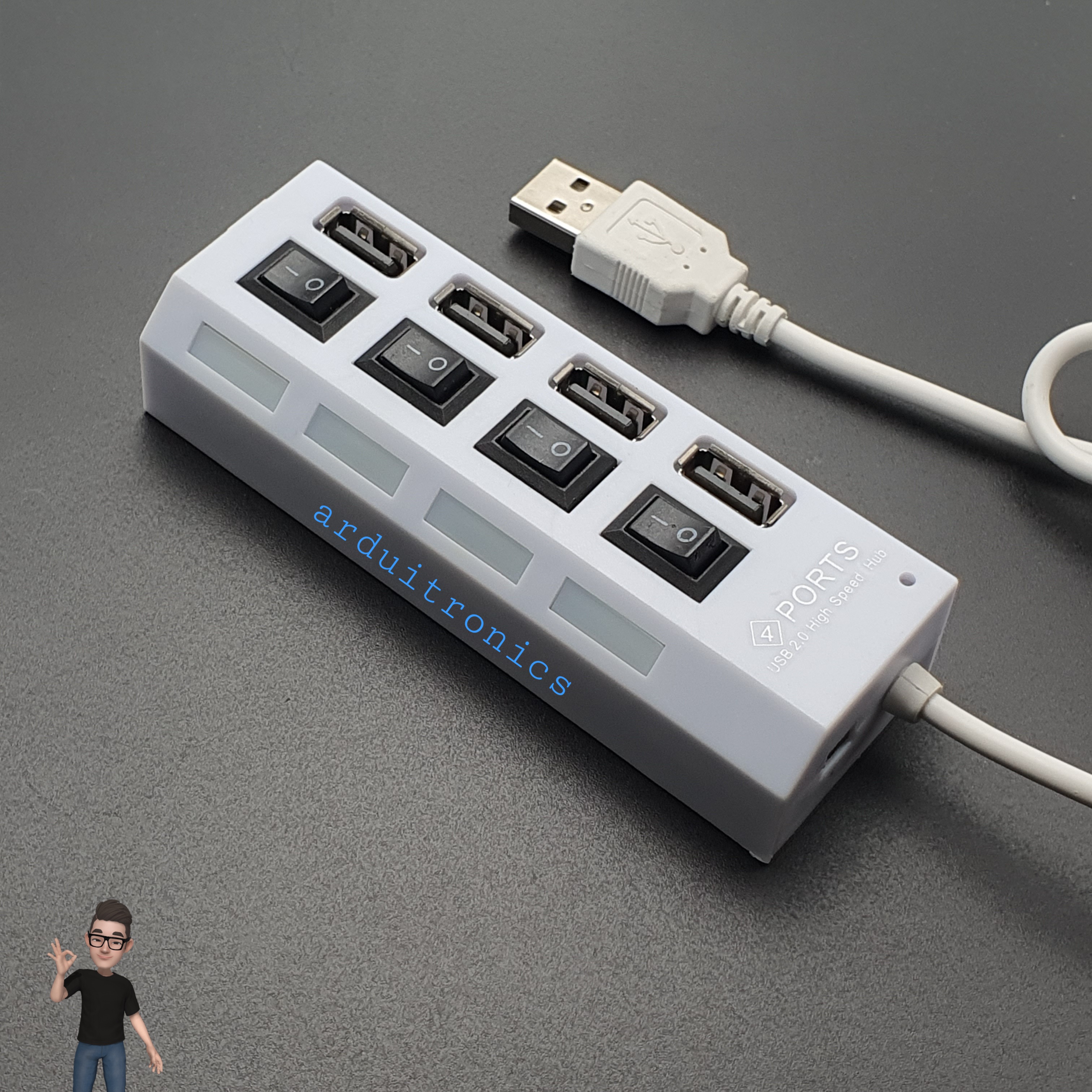 4 Ports USB Hub High-speed USB2.0 Individual LED Power Switches ( White )