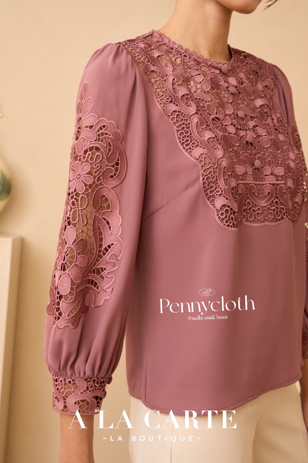69897 เสื้อ A La Carte เสื้อชีฟองแต่งลูกไม้เนื้อทอ ช่วงอก และแขน by PENNY CLOTH