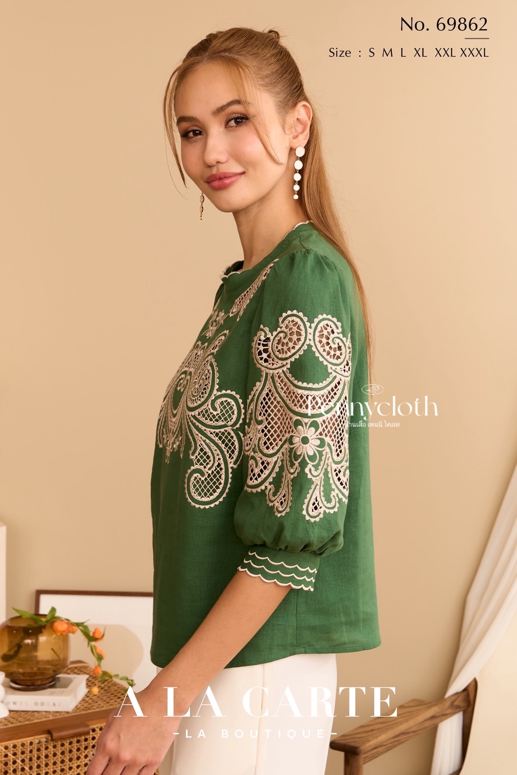 69862 เสื้อ A La Carte ลินินผสมคอตตอน งานปักฉลุ มีซับ เนื้อดีใส่สบาย by PENNY CLOTH