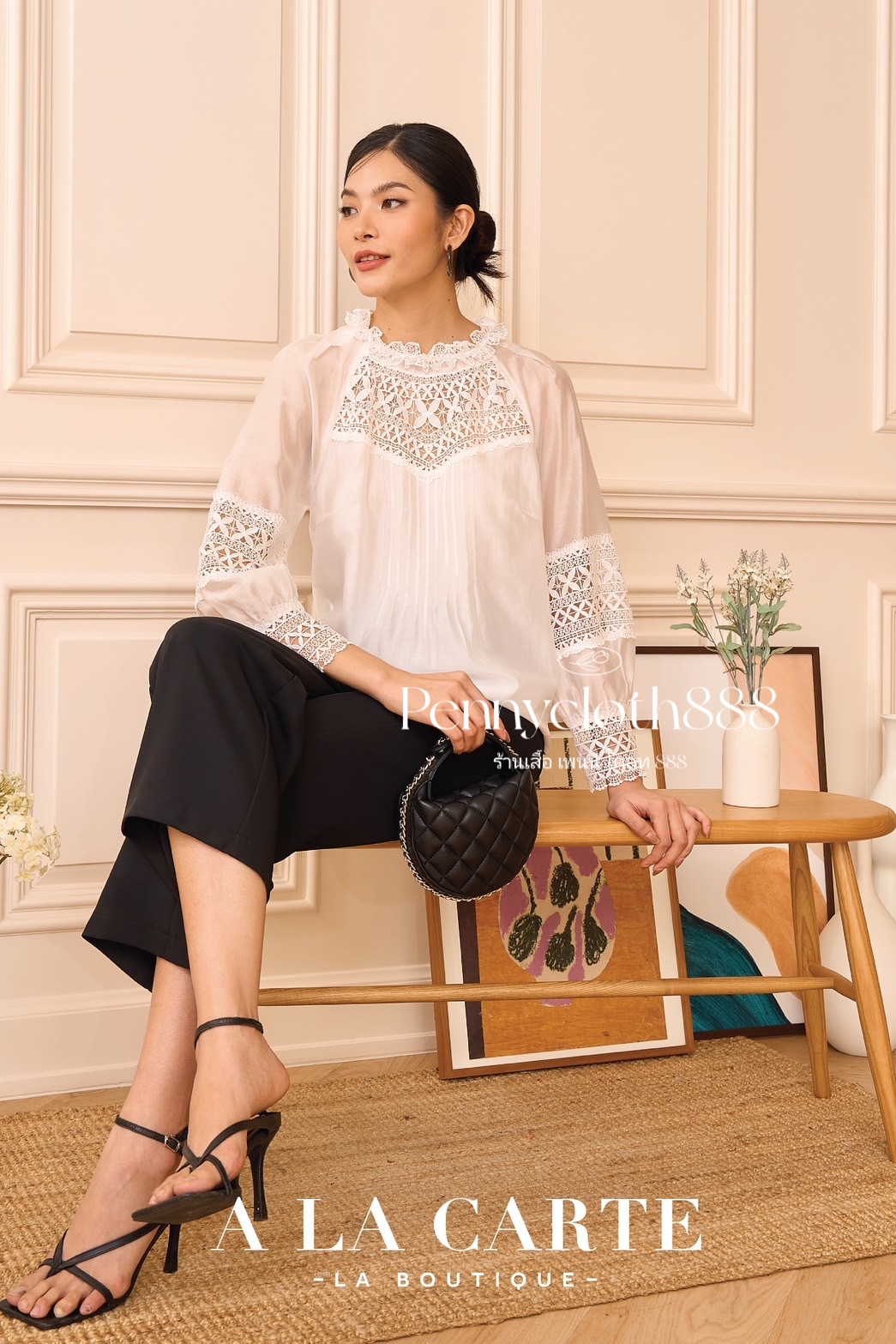69651 เสื้อ Alacarte ชีฟองซิลด์เนื้อเนียนใส่สบาย ตัดต่อลูกไม้ ตีเกล็ด มีซับ แขนยาวแต่งลูกไม้ สวยหรู