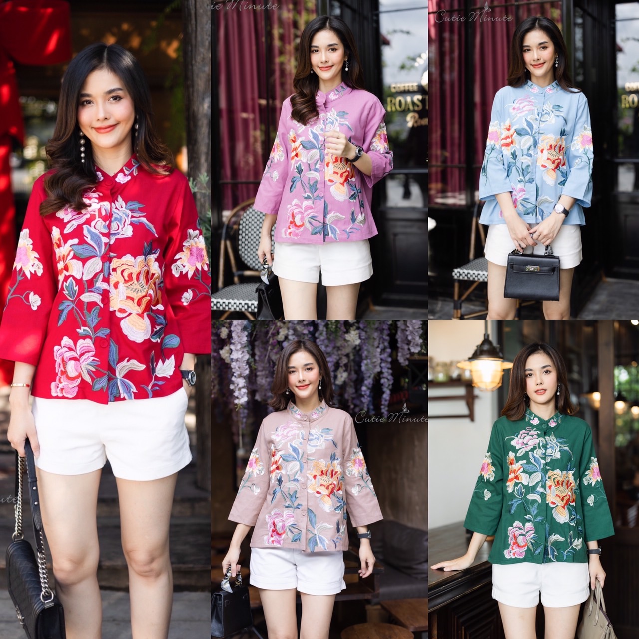 P3011 เสื้อลินิน เนื้อผ้าขึ้นลาย มีความนุ่ม เสื้อคอจีนเก๋ ผ้าดี งานปักฝีมือสวย งานปักดอกไม้เด่นๆทั่วตัว เสื้องานปักสวย อก 44 นิ้ว ฟ้า ชมพู เบจ เขียว