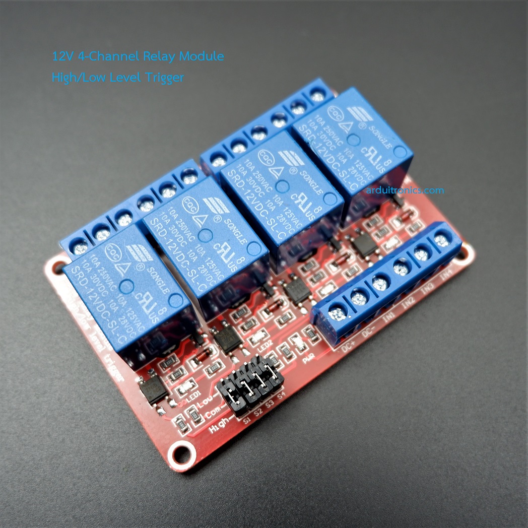 12V 4 Channel Relay High/Low Level Trigger Relay Module (Red PCB)