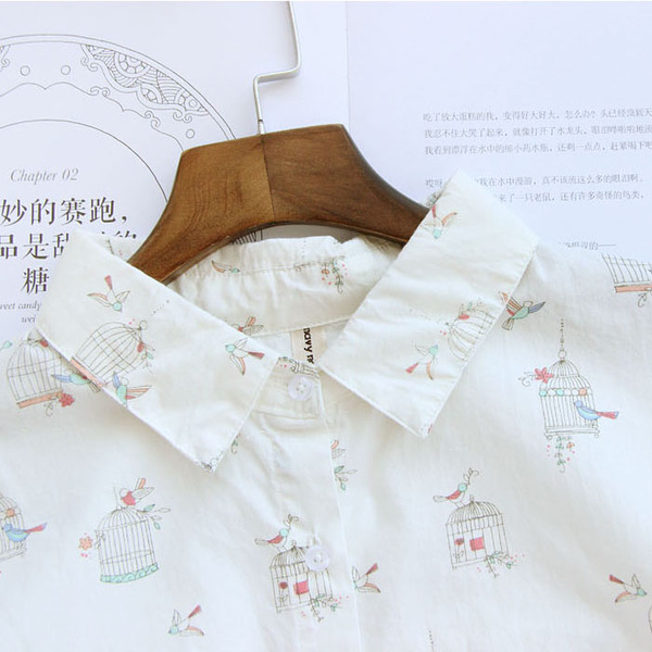 Pre-Order เสื้อเชิ้ตแขนยาว ตัวยาว สีขาว ลายนกในกรง หวานๆ sz M-L