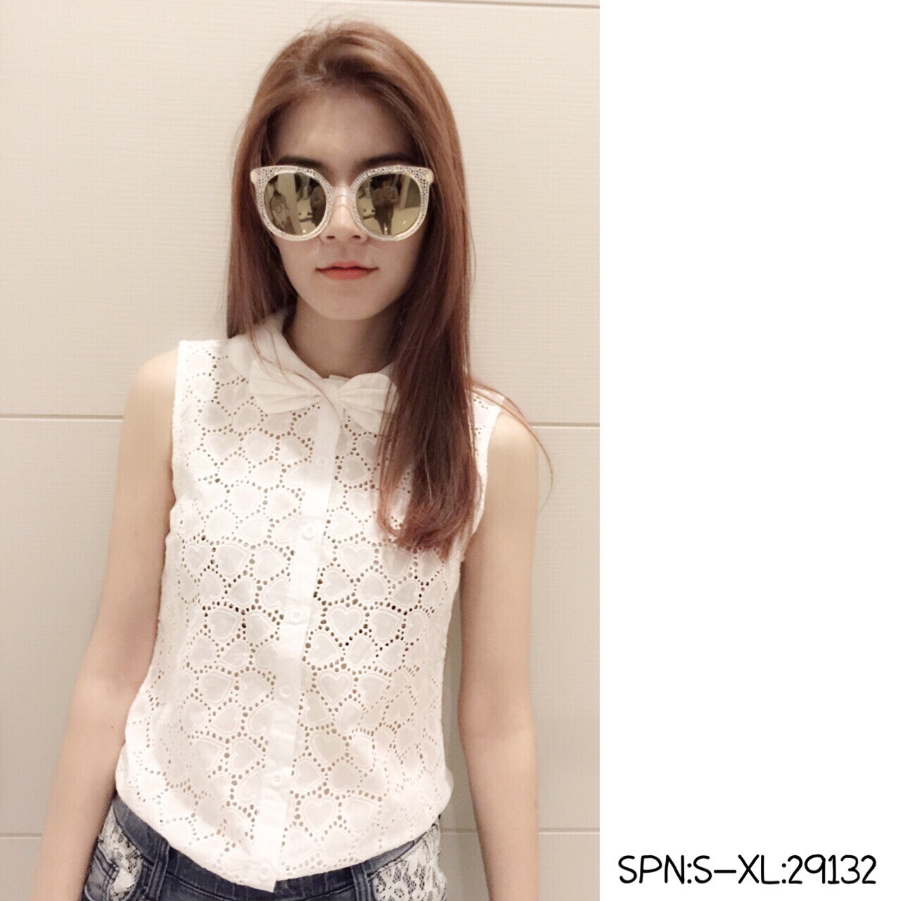 เสื้อลูกไม้งานแฟชั่น SPN ปักฉลุลายหัวใจ แขนกุดกระดุมผ่าหน้า ค่ะ So cute !!!