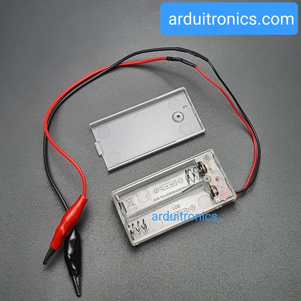 Alligator Clip Battery Box รางถ่าน 2 ก้อน AA 3V (ก้อนละ 1.5V) แบบมีฝาปิด และมีสวิทช์เปิดปิด พร้อมหัวสายไฟหนีบปากจระเข้
