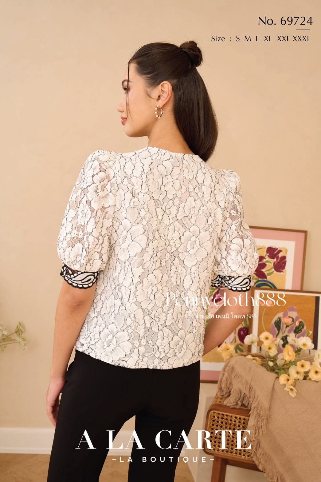 69724 เสื้อ A La Carte ลูกไม้คอร์ด คอกลม แต่งลูกไม้ แขนสั้น มีซับใน by PENNY CLOTH 888