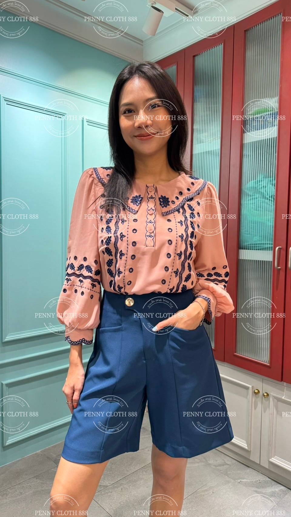 69689 เสื้อ A La Carte ชีฟองคอปก งานปักฉลุขึ้นใหม่ มีกระดุมหน้า 3 เม็ด มีซับใน by PENNY CLOTH 888