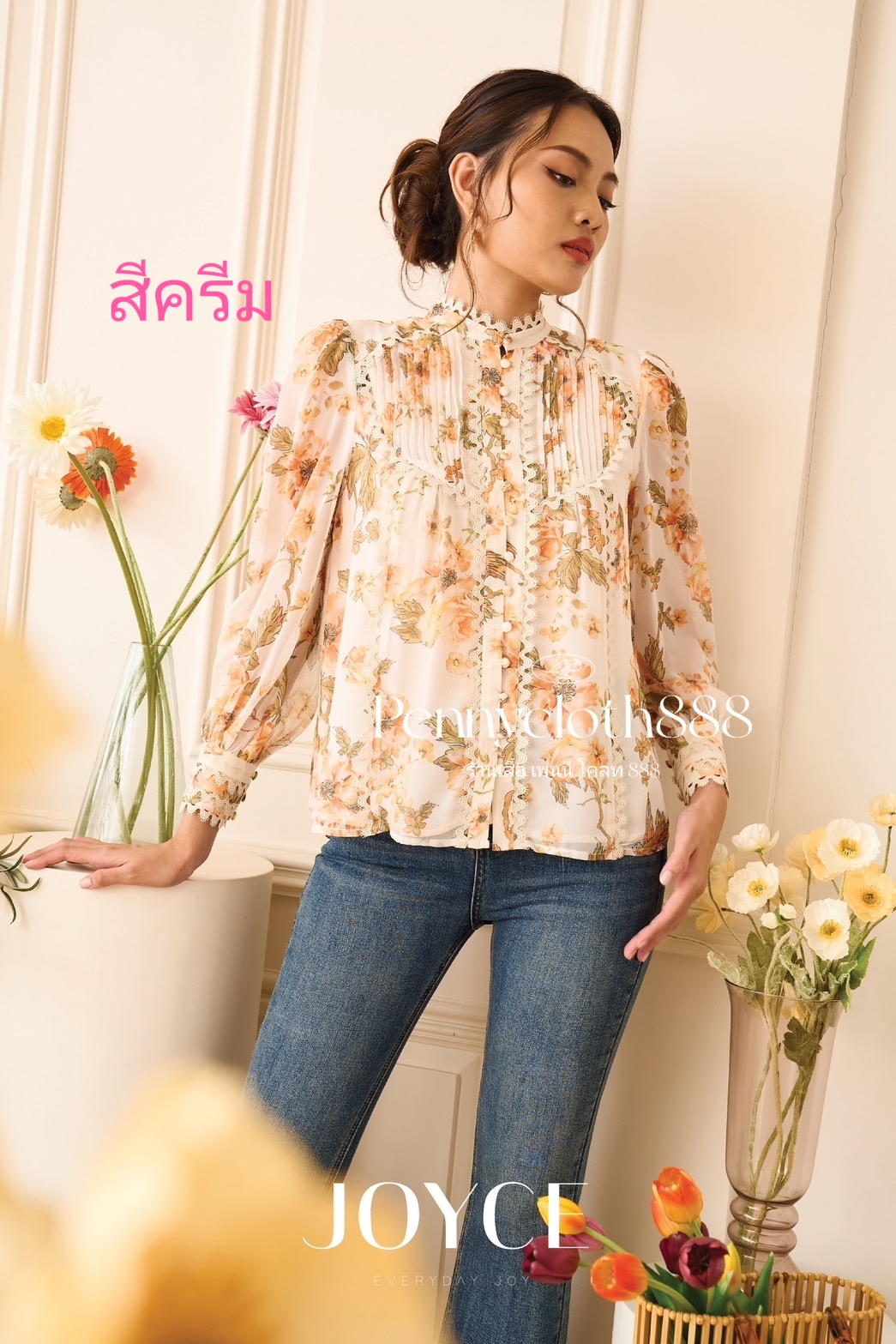 J0128 เสื้อเบลาส์เชิ้ต ชีฟองซิลด์พิมพ์ลายใหม่ ตีเกล็ดแต่งทริมลูกไม้ กระดุมหน้า มีซับใน แขน 3 ส่วน
