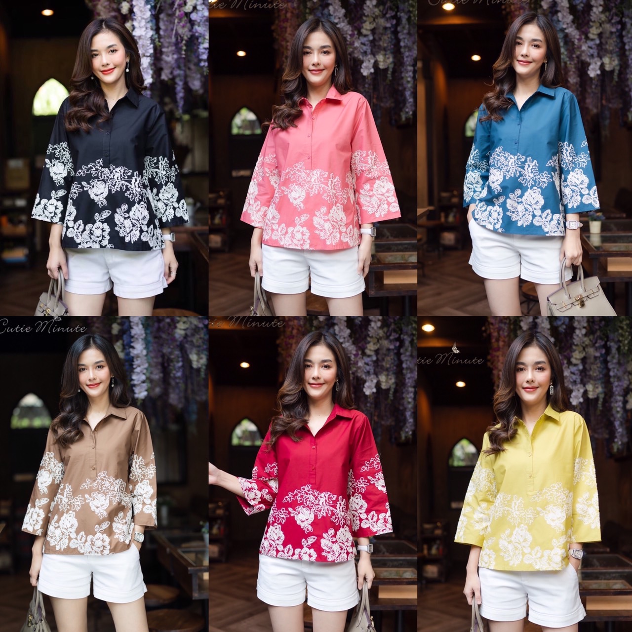 P8816🦋 เสื้อCotton100% เนื้อผ้าดี งานปักนูนด้านหน้าเเละด้านหลัง ลายดอกไม้ลายเส้นสไตส์ญี่ปุ่น ปักสีขาวสวยเด่นตัดจากเสื้อ อก 44 นิ้ว