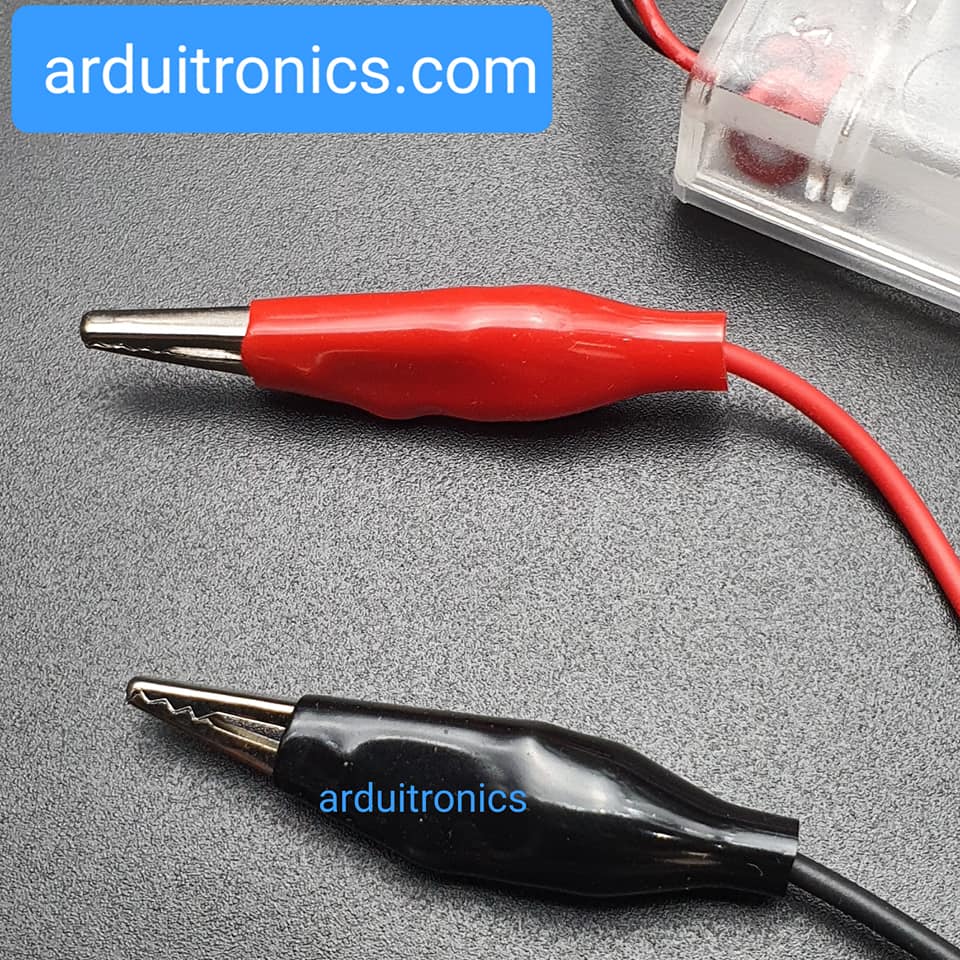 Alligator Clip Battery Box รางถ่าน 2 ก้อน AA 3V (ก้อนละ 1.5V) แบบมีฝาปิด และมีสวิทช์เปิดปิด พร้อมหัวสายไฟหนีบปากจระเข้