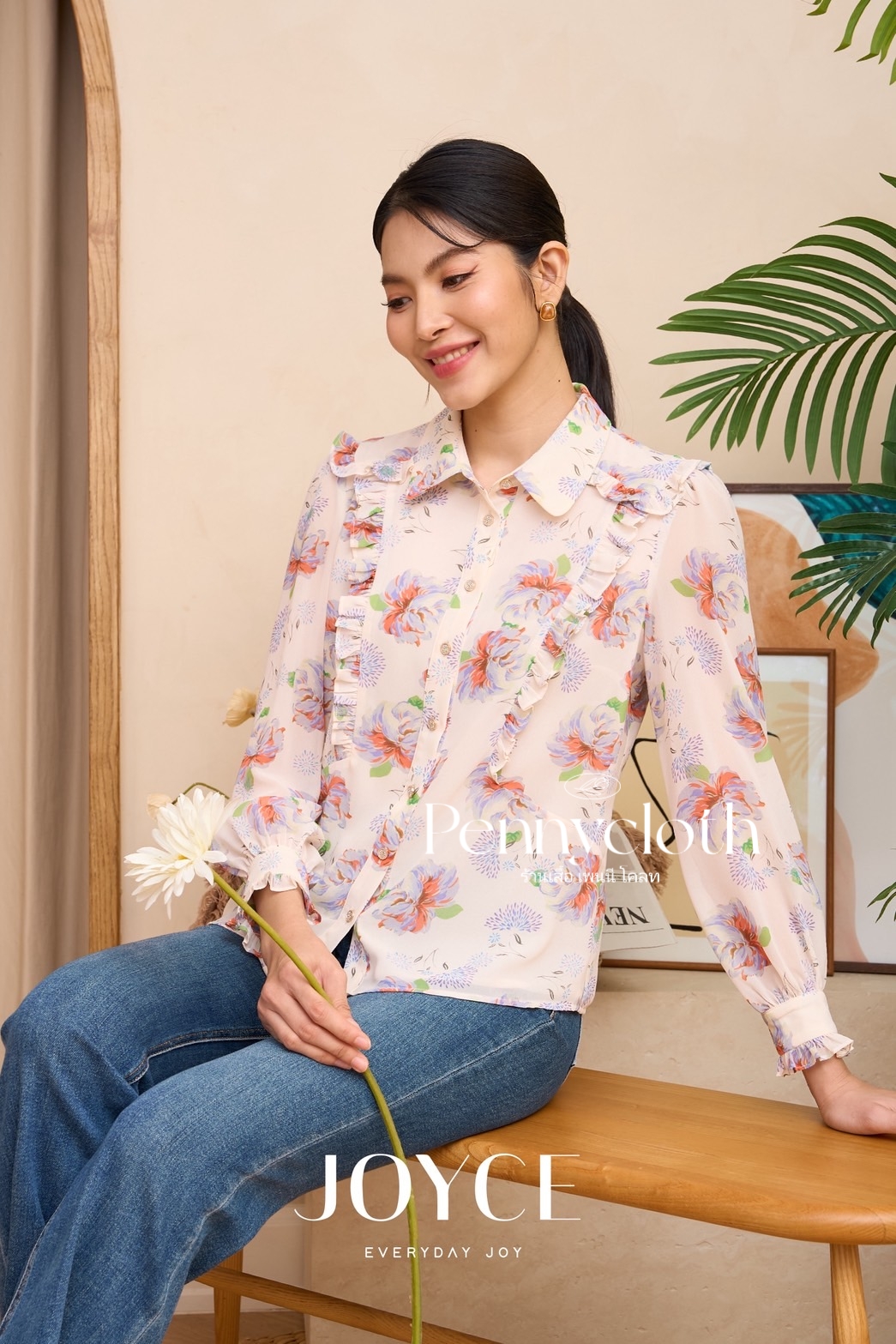 7015 เสื้อเชิ้ต Joyce ชีฟองพิมพ์ลาย แต่งระบาย มีกระดุมหน้า ซับใน แขนยาว by PENNY CLOTH